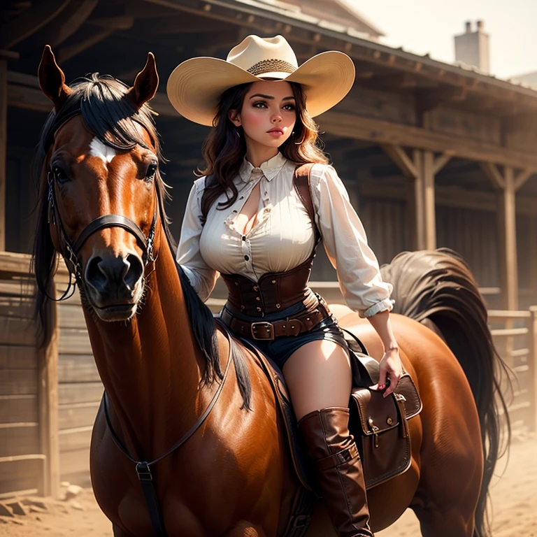 Perfect face, cute girl, big breasts, brunette, cow boy hat, topless, unzipped black leather jacket, black thong, farm background, riding a horse, holding a pistol, full horse view