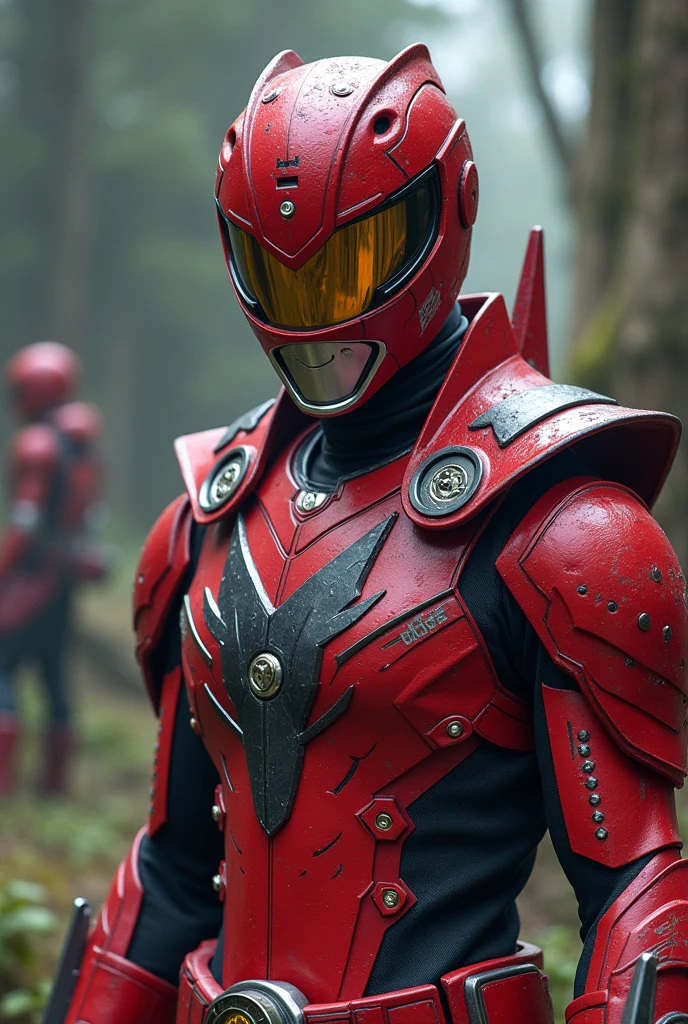 a somber portrait of Red Ranger from Power Rangers, with intricate angular cybernetic implants inside a brutalist building, gothic brutalist cathedral, cyberpunk, award-winning photo, bokeh, neon lights, cybernetic limb
