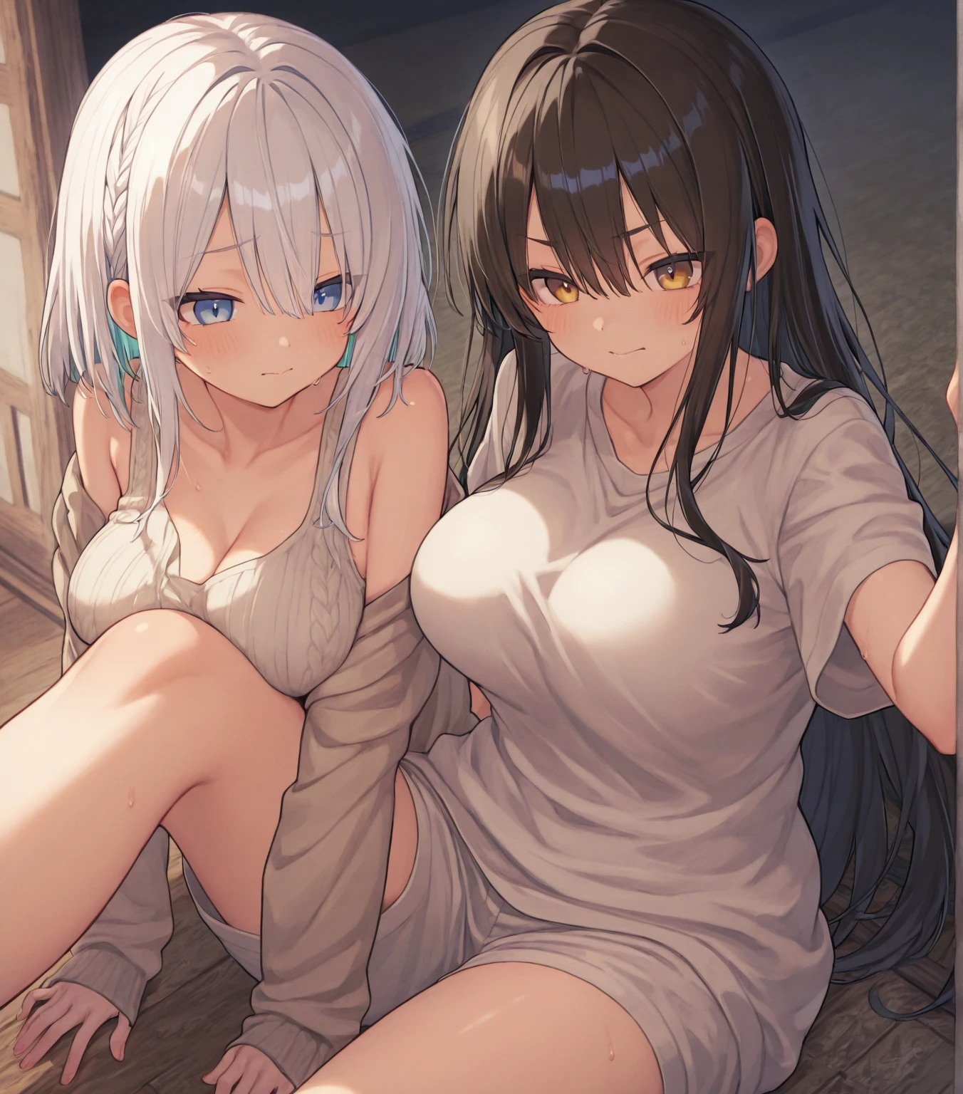 nsfw,(2girls:1),duo,blush,(Heavy Breathing:1.5),Steaming body,female,White hair,yellow eyes,pov,hands,straight-on,naked,dynamic angle,blackhair,(red-eyes:1.3),masterpiece,best quality,very aesthetic,absurdres,Thick thighs,(Knees together:1),medium hair,straight hair