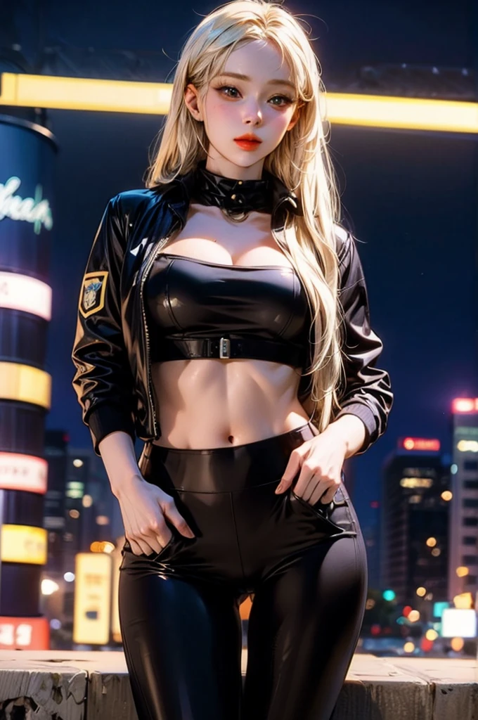 Busty women，Blunt bangs，Thighs，blonde，Voluminous long hair that reaches down to the waist，Wavy long hair，big black witch hat，With a plunging neckline crop top，Black leather hot pants，Slim figure，Black long boots，A cape with a collar flutters in the wind，The abdomen has exposed skin，Night cityscape，Big full moon，Silver chain on waist，Large Gemstone Rings，A black cat stands beside her, threatening the camera.，Black long gloves，