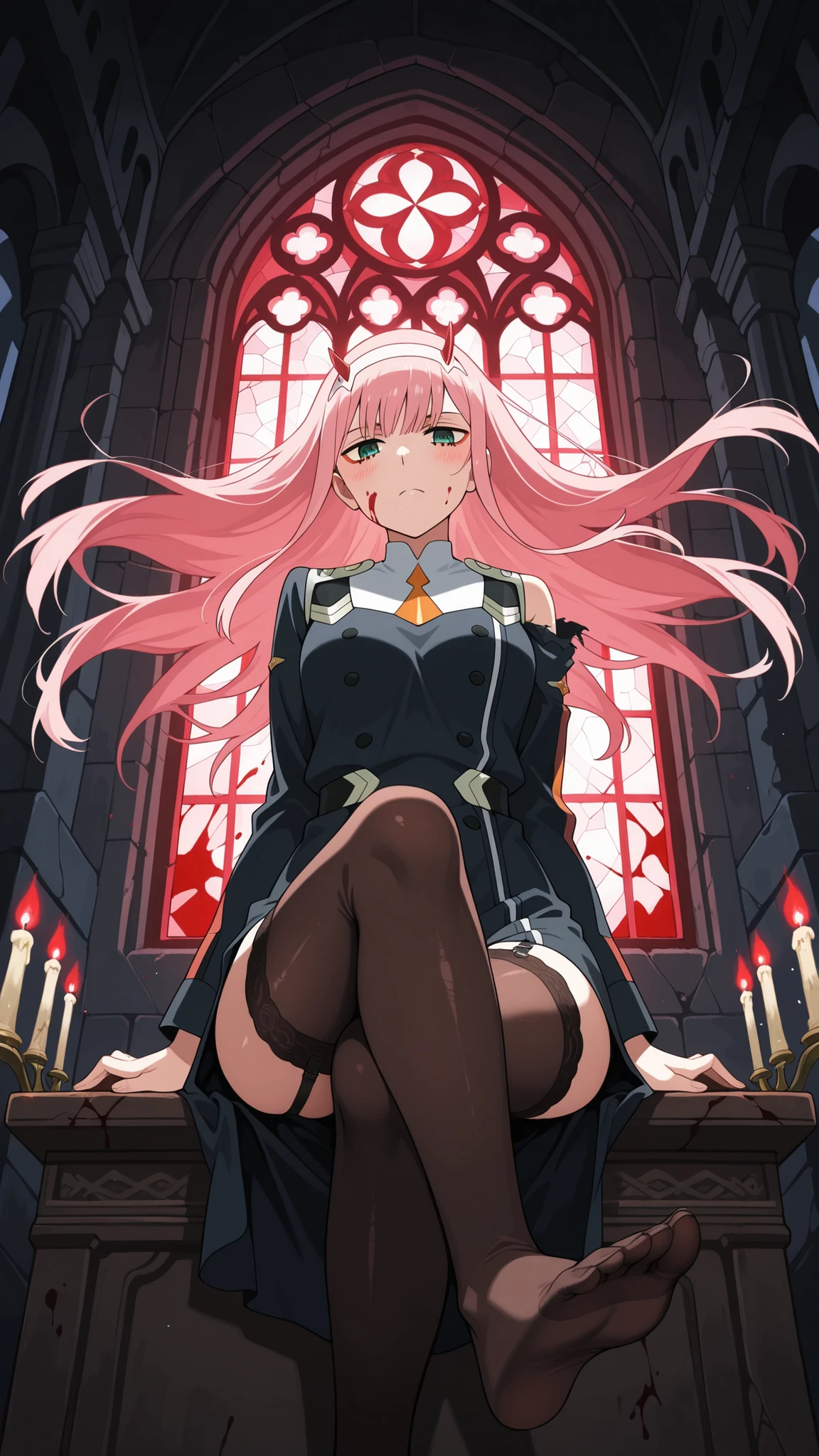 ((masterpiece, ultra-detailed, intricate details, best quality, illustration)), (Masterpiece, best quality, complex details: 1.2), (masterpiece, top quality, best quality, official art, beautiful and aesthetic:1.2), (masterpiece, best quality, highres:1.4), (the best quality:1.2), (best quality), (masterpiece), (ultra detailed), (highres), (super fine illustrations:1.2), (dynamic pose), extreme detailed, exquisite masterpiece, high detail, 8k, 4k, highest detailed, production art, satou, ((nun)), (church), victorian era, black thigh high, 1girl, (((mature female))), tall, solo, long hair, ahoge, detailed dress, looking down, sitting, cross legs, red eyes, long bangs, blurry, hair between eyes, light rays, blurry background, pink hair, wavy hair, (((ringed eyes))), (((((empty eyes))))), light particles, high heel, big breast, thick thighs, lace trim, ((((yandere)))), ((evil smile)), (evil), blood on clothes, crazy, smug, (((seductive smile))), crazy eyes