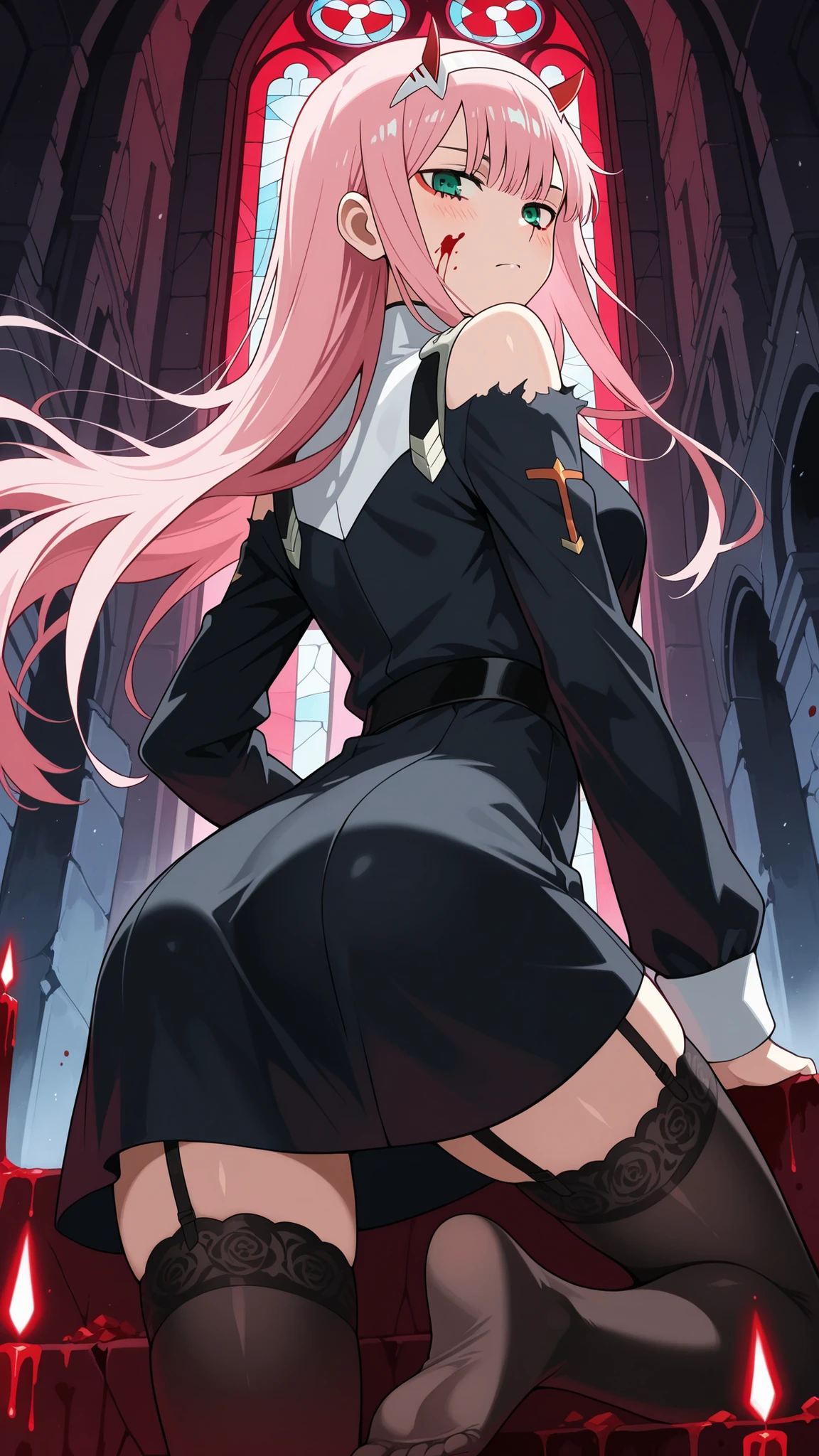 BREAK (masterpiece:1.2), best quality, high resolution, unity 8k wallpaper, (illustration:0.8), (beautiful detailed eyes:1.6),dark gothic church interior, dim lighting, eerie atmosphere, high vaulted ceilings, flickering candles, shadows creeping along the stone walls, broken stained glass windows, abandoned and mysterious, medieval architecture, baroque elements, ambient fog, 4K, dramatic light and shadow play, zero two, zero two \(darling in the franxx\), green eyes, hairband, horns, long hair, pink hair, red horns, white hairband,sexy nun uniform,short uniform,luxury stockings,bare shoulder,cleavege,raised hips,blush, seductive expression,serious face,blood on face,floating hair,looking at viewer,arched back,cowboy shot,wide-angel,sitting on knees,from behind,feet,from below,bloody red light,dark atmosphere,