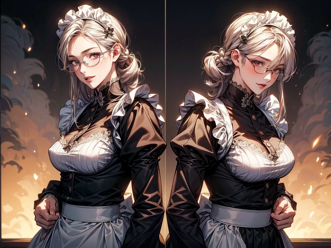 (1girl, yuri alpha:1.0), (anime overlord), (solo:1.4), (Maid_Dress), (64k, UHD, Raw photo, highes, Best Quality, mastepiece:2.0), (Ultra-fine depiction of details:3.0), (a serious, loyal, hard-working maid head, the vice-captain of the "Pleiades Six Stars", the battle maid squad of the Great Tomb of Nazarick), (a beautiful woman with an intelligent look), black hair, (elegant, vivid blue bowtie, ribbon:1.3), (green wristband), (She is equipped with highly elaborately designed, dark emerald green spiky gauntlets:1.5), (perfect face, perfect body, perfect figure, pink lips, slight blush), (cool, intellectual glasses), (slightly glowing blue eyes:1.3), (shiny sleek long hair, single hair bun, single braid bun, double bun), (silky, high-quality, majestic, gothic, ((low-key)), simple, long maid dress:1.5), (vivid blue gothic style choker:1.3), (pure white maid apron:1.2), (gigantic breasts:1.2), (sexy cleavage:1.1), inhouse, studying the orders issued by the master of [the Great Tomb of Nazarick, Ainz Ooal Gown], the room is filled with solemn atmosphere, (long shot, full body shot), (perfect lighting,)