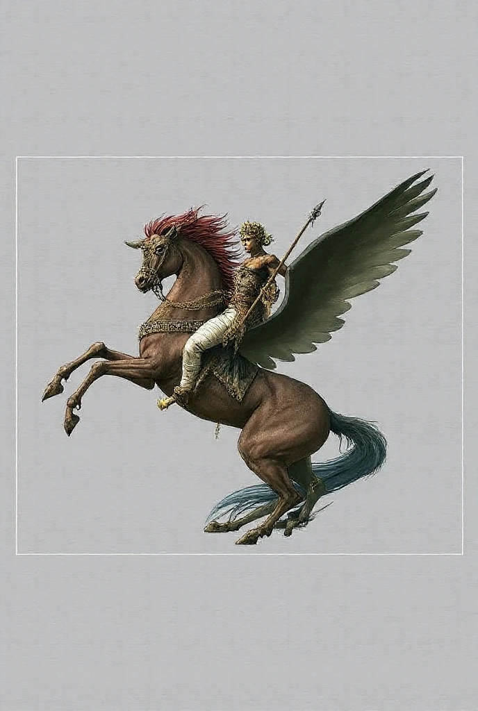 Baroque painting of the beheaded Medusa, Without head, mounted on her pegasus horse, flying