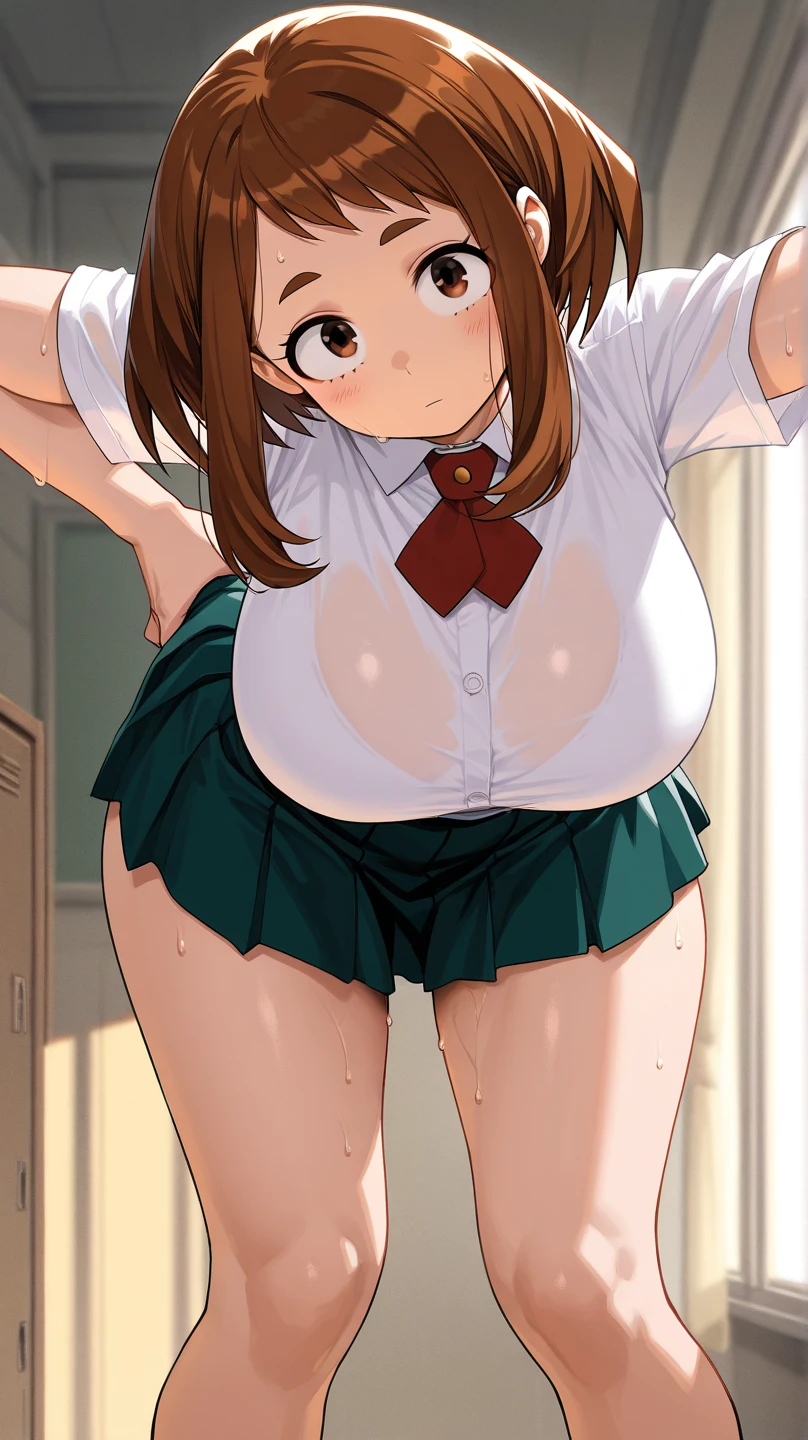 best quality,1girl,((big breasts:1.1)),((orgasm,blush,sweat,steam:1.1)),yotsuba nakano, bangs, short hair, blue eyes, hair between eyes, hair ribbon, hairband, orange hair, (green ribbon:1.5),((school uniform, white shirt, green skirt, mini skirt, white thighhighs,white panties,lace panties:1.3)),classroom,pussy juice