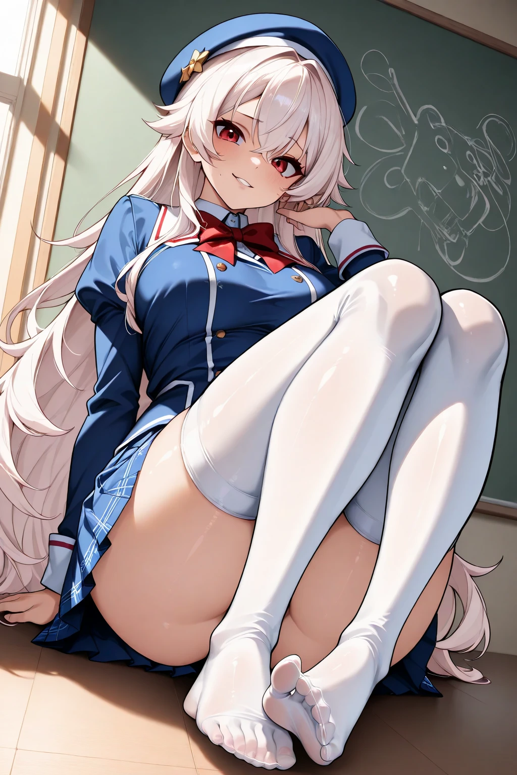 ((masterpiece, best quality)), black-thigh-highs, high resolution, big, beautiful legs, close range, white background, sitting on a chair, mature, laughing, arms behind the head, sideways, long blonde waves, dressed in pink sailor suit, red miniskirt with red collar, red ribbon, delicate beauty face, schoolgirl. Anime-style illustrations.
