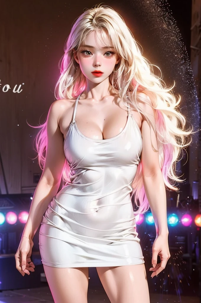 Miss, Realistic characters,blond, White silk slip dress,blue eyes, Anime huge breasts, Solitary, Modern, Cyberpunk, Long wavy hair, very young