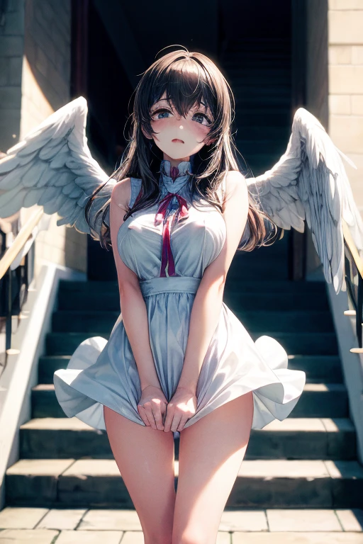 ((sfw)),(masterpiece, best quality),((high resolution 4k)), 1lady, solo, (white Scales, body cover with scales), halo, wings,fallen angel, black hair, loose waves, red eyes,wet white sheer t shirt,short sleeve,wet white skirt,white stockings,white thigh highs,standing