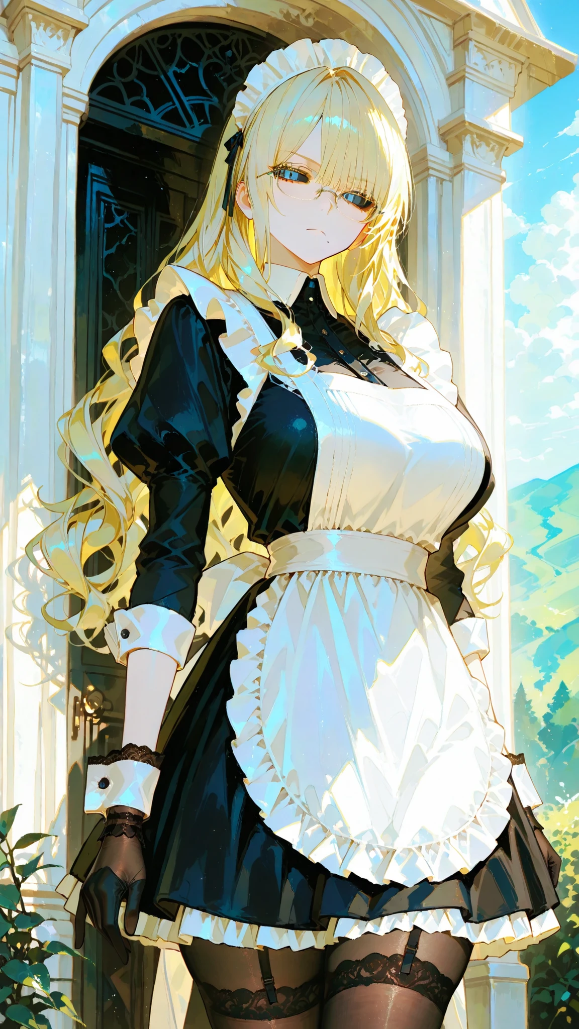 Refined Realistic Style(0.8), Master Level,Extreme Details,Professional Post Processing,Masterpiece,anime style(1.2),best quality,high resolution,8K,Maid,blonde,black sclera,blue eyes,frameless glasses,Mature Woman, large villa, outdoor lawn , serious, black stockings, 黑白Maid装, bangs, Wavy hair,long hair , Long Lashes, black lace cuffs and gloves, Mole on the corner of mouth(Singular ),