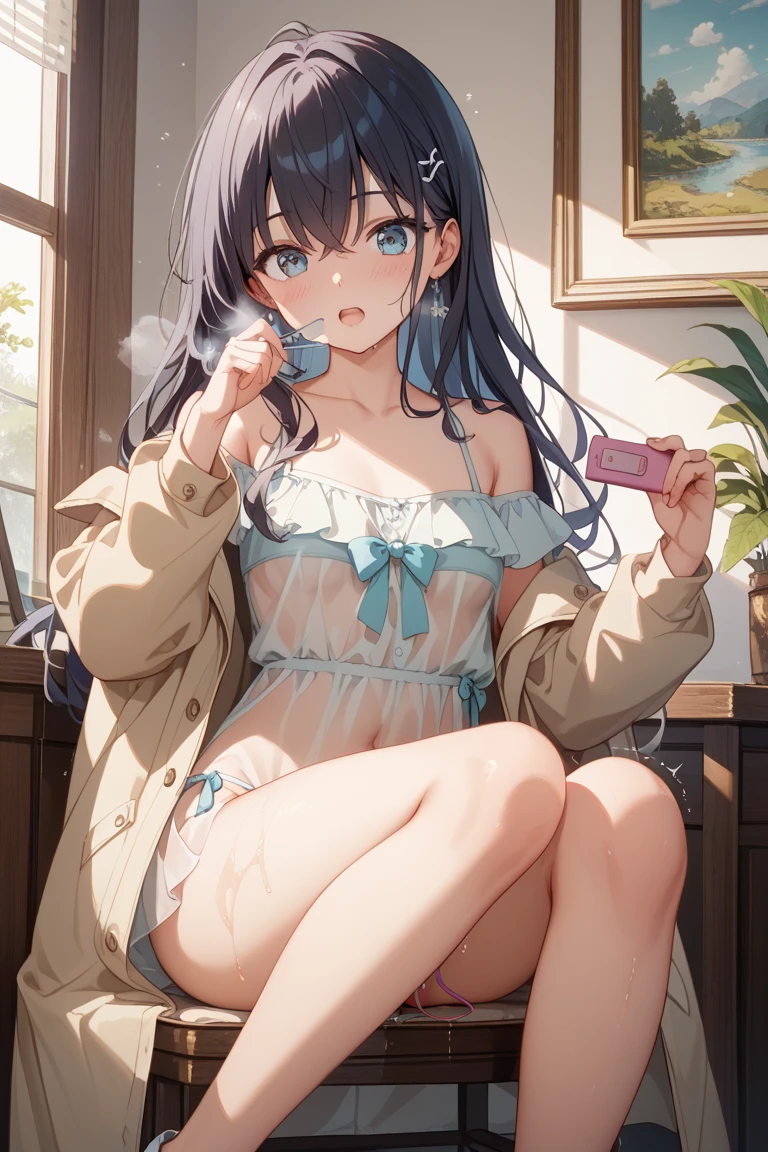 girl, ((masterpiece best quality, high resolution, 4K)), cinematic lighting, long hair, blue eyes, (Black hair, inner blue hair), thick tighs, big breasts, casual clothes, house