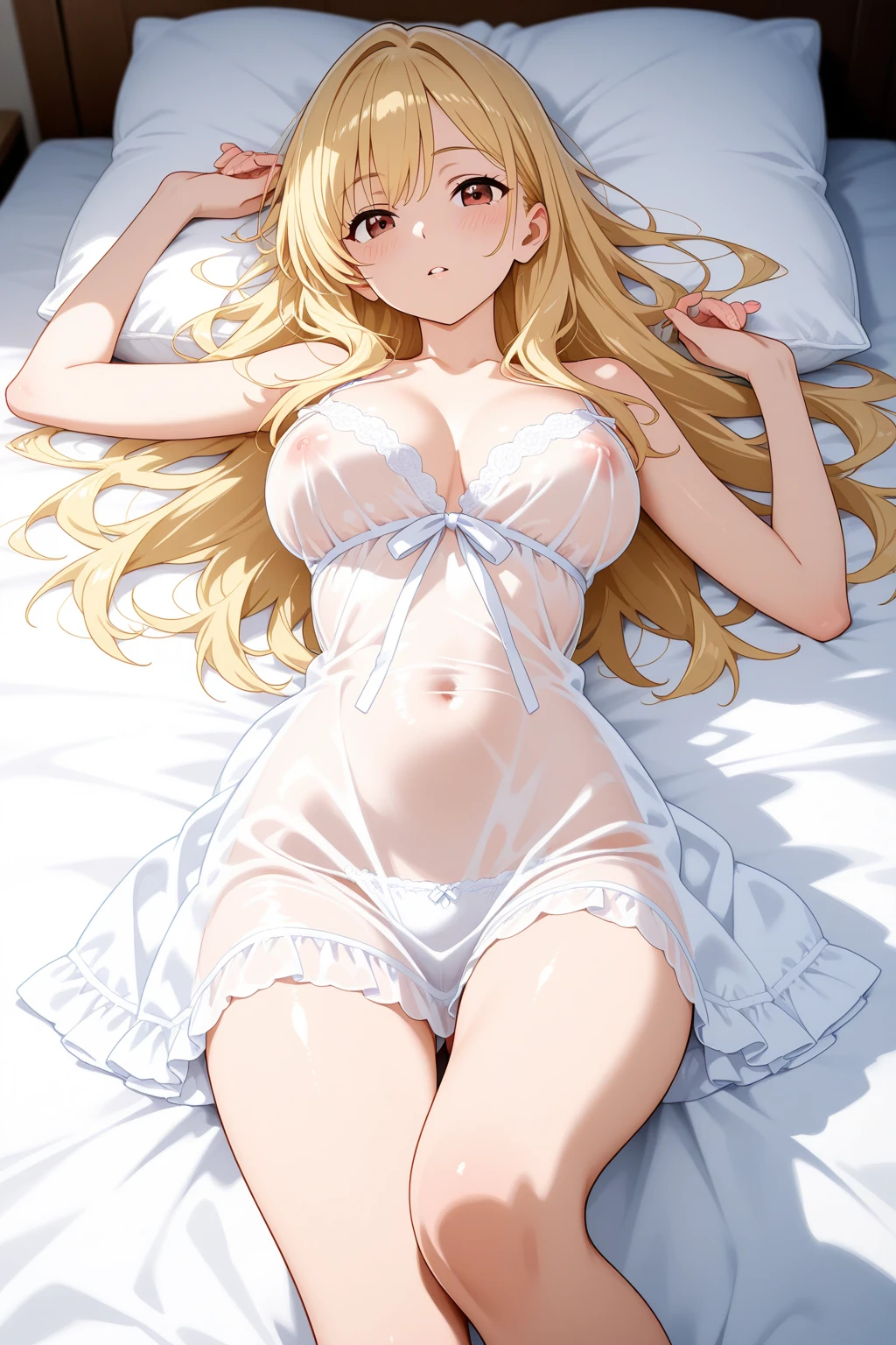 American movie actress, (high resolution, young blonde beauty), micro underwear, soft looking big, tips of clearly visible, body lines are very sexy, crotch wide open, the shape of the tips of the is clearly visible, areola visible, pubic area is clearly visible, crotch wide open, wet and sticking underwear, on bed