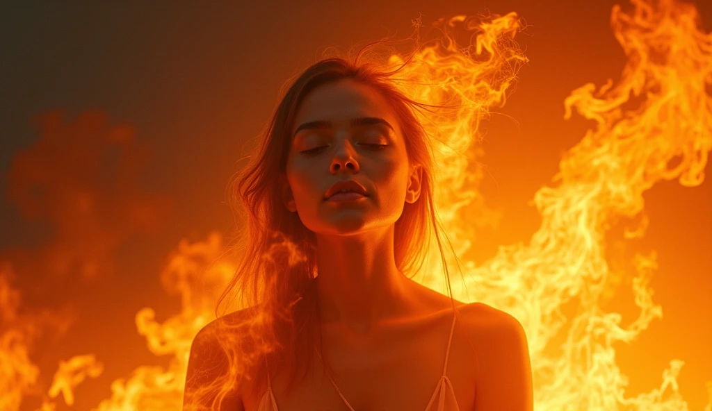 ((Correct human body structure)), (detailed face, detailed eyes), A Japanese woman, a look of sorrow, background on fire, blazing up