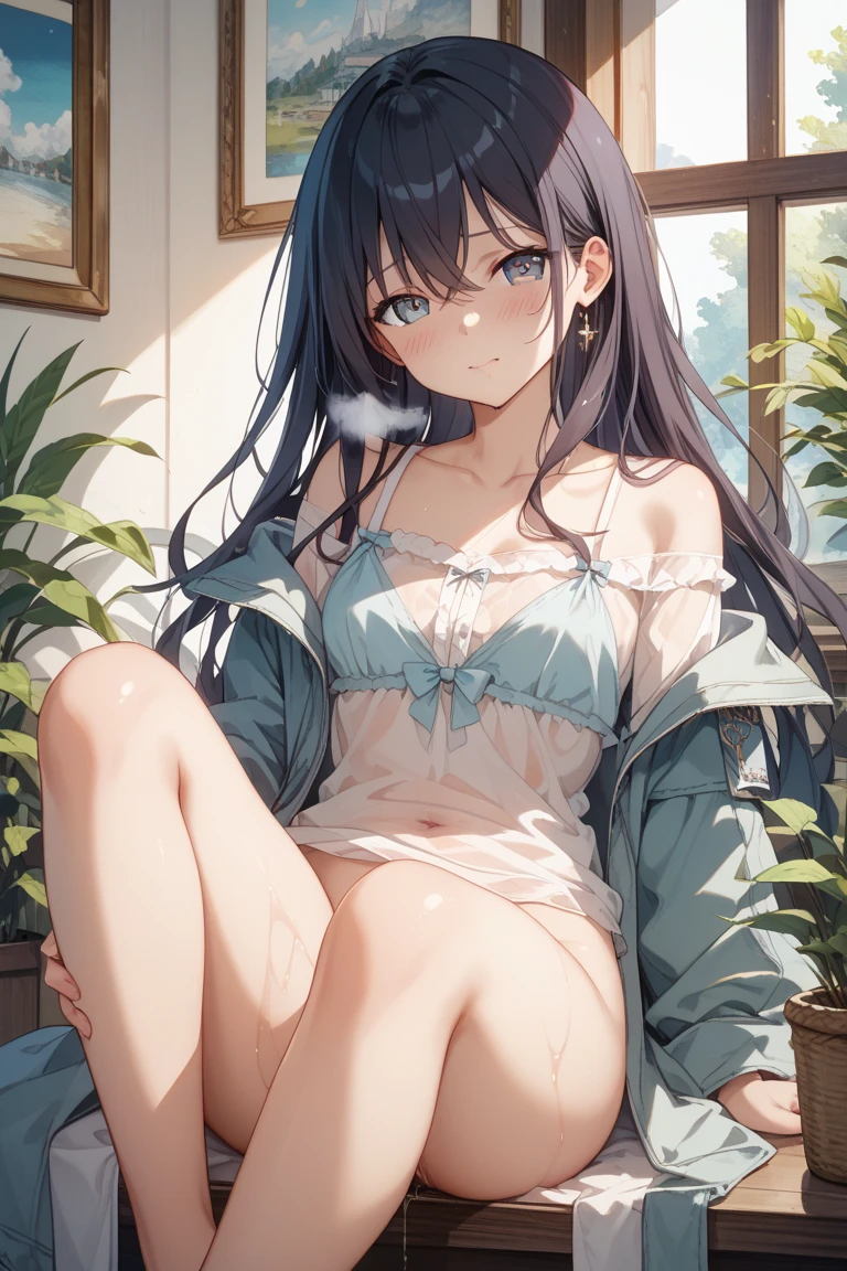 A dark-haired,The long-haired,Lovely room,elementary student,Not wearing clothing other than diapers,Leaking pee in diapers