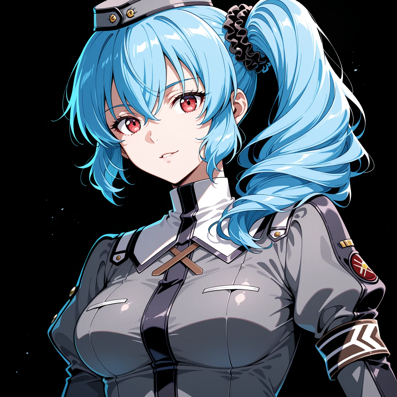 High detailed, 1 anime girl, celeste-blue hair, playful expression, pit Black eyes, 2 toned hair, large hair, large smile, soviet uniform, big And round buson, large heavy machine gun in Hands, chunky body