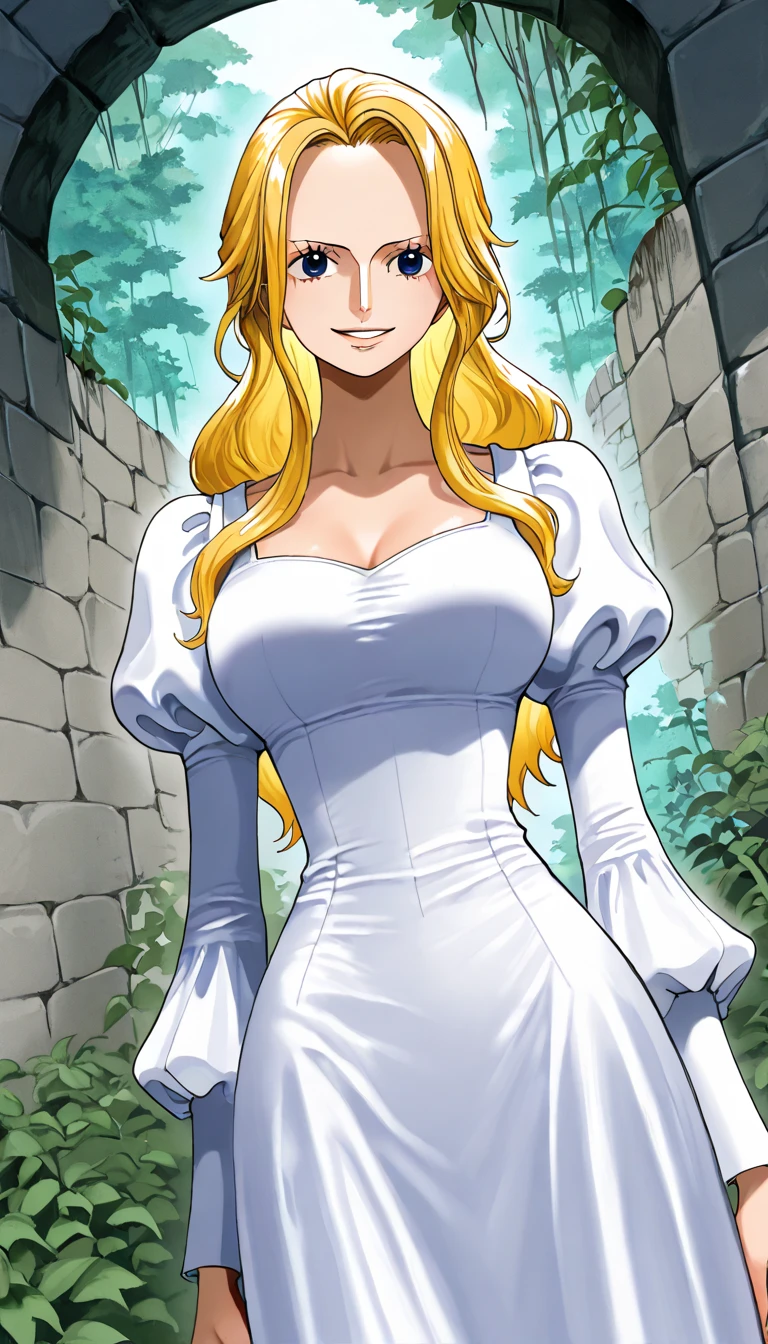 solo, <lora:Daima-ILv2:0.8> dbdaima, sitting on a swing, carefree,
1girl, android 18, blonde_hair, blue eyes,  bridal gown, high collar, puffed sleeves, pantyhose, pearl necklace, veil,, extremely detailed, highres, masterpiece, best quality