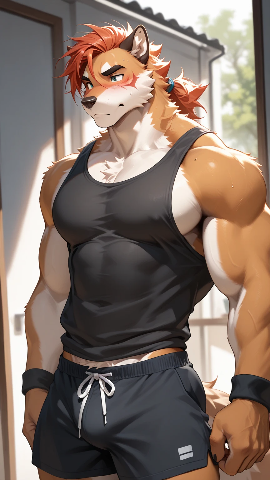 Kemono Wolf, yellow fur, blue eyes, handsome, smile muscle, cool, Black sports shorts,Not wearing a shirt, full body image