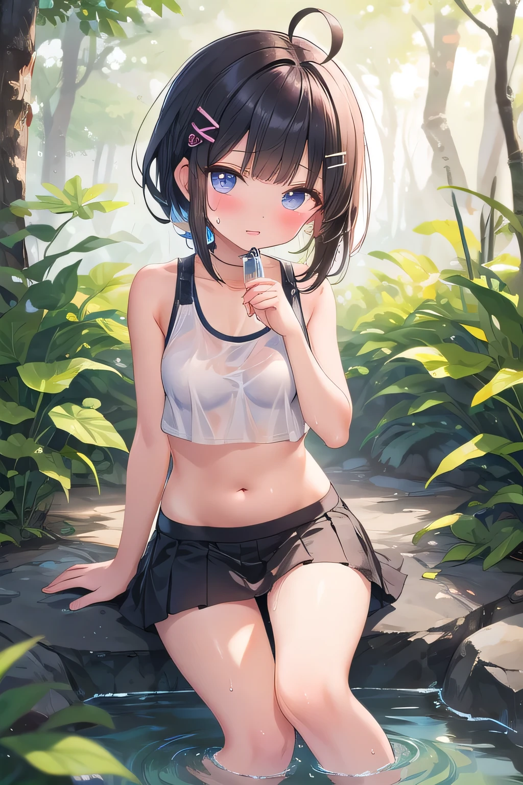 masterpiece, Ellie Joe, short black hair with red highlights, red, mocking eyes, standing, glowing skin, navel, (shirtless, pulling panties down), smile, looking at viewer, tree, (from below : 1.2), cinematic lighting,