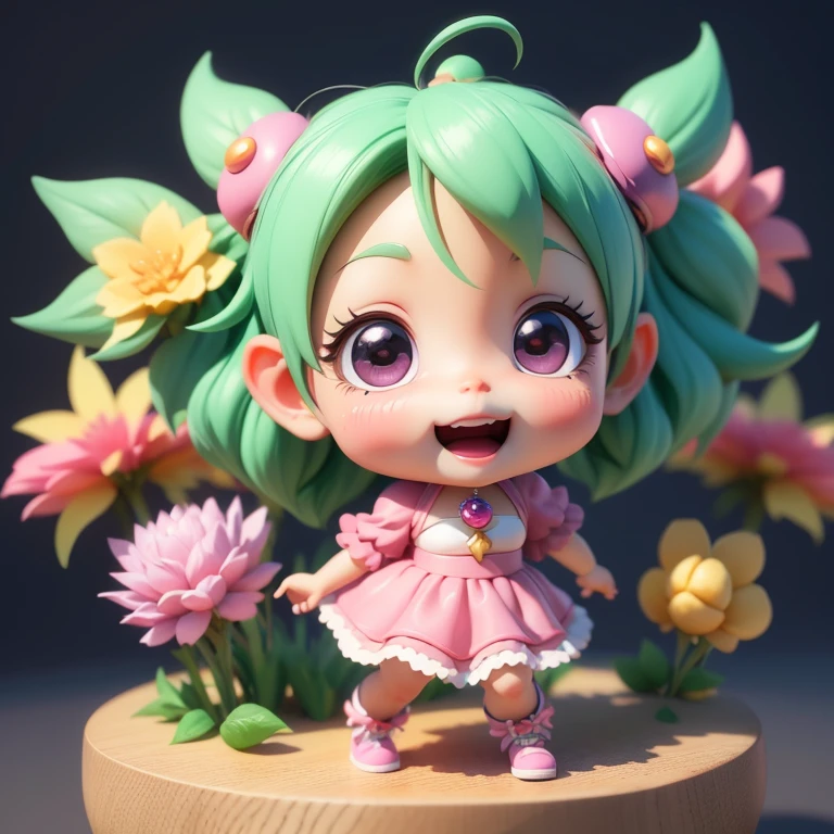 (Wearing lotus flowers),(Stand on a lotus leaf),pink hair,Green clothes,Lovely 3D rendering,Rejoice,Smile with,cute detailed digital art,adorable digital art,Cute cartoon character,cute digital painting,Cutes!C4D,cute character,Vogue Japan 3D,(white backdrop),Ultra detailded,Thanks to Zhiding,3D model of a Japanese mascot,Nendoroid 3D,cute forest creature
