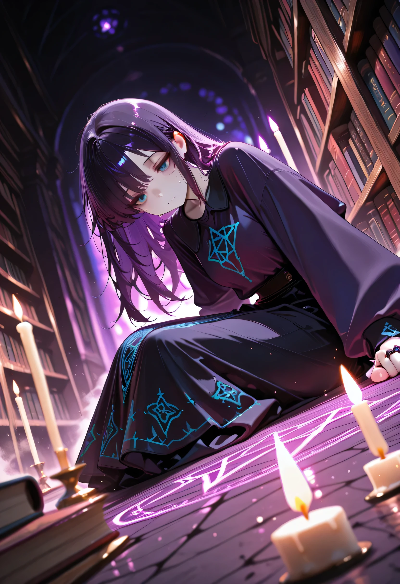 masterpiece, best quality, very aesthetic, absurdres, stylized, newest, depth of field, HDR, high contrast, sharp focus, 8k resolution, 1girl, solo, perspective is slightly angled creating a sense of depth, short, shoulder-length fluffy black hair, dark purple highlights on hair, blue eyes, tired eyes, pale skin, occult aesthetic clothings, dark purple longsleeve, long black skirt, rings, sitting, occult ritual, anxious, nervous, sweat, looking away {dynamic_angle:1.2} ,action shot, action angle,{dark room, occultism practice, old library, bookcase, stacked books, white candles, cobwebs, dust particles, dim lighting, pentagram}