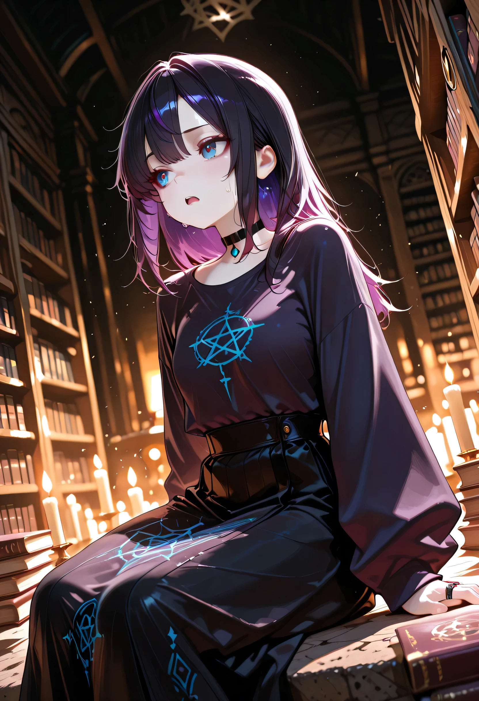 masterpiece, best quality, very aesthetic, absurdres, stylized, newest, depth of field, HDR, high contrast, sharp focus, 8k resolution, 1girl, solo, perspective is slightly angled creating a sense of depth, short, shoulder-length fluffy black hair, dark purple highlights on hair, blue eyes, pale skin, occult aesthetic, dark longsleeve with white details, long black skirt, rings, sitting, occult ritual, frowning, anxious, nervous, sweat, looking away, choker {dynamic_angle:1.2}, open mouth ,action shot, action angle,{dark room, occultism practice, old library, bookcase, stacked books, white candles, cobwebs, dust particles, dim lighting, pentagram}
