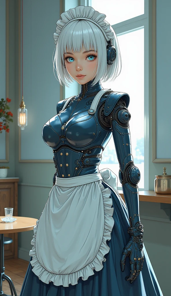 (8k, Realistic, RAW Photos, Highest quality: 1.3), (Fox Girl, Fox Ears, One Girl, Alone on the screen, dark skin, High definition, (boyish, Silver color very short hair), (Silver and blue odd eyes):1.4), とてもbeautiful, (Realistic Face), (maid apron, Clothes that are mainly black with red accents, skirt, Clothes with an open chest, (Mechanical leg suit, mecha musume):1.5), (Body measurements: 88-55-77!, Height is 145 cm, Nice body, Big Breasts, skirt hold, slender, Accentuate the cleavage:1.6), A brilliance that captivates the viewer, beautiful expression, beautiful breasts, (Realistic Skin), beautiful...