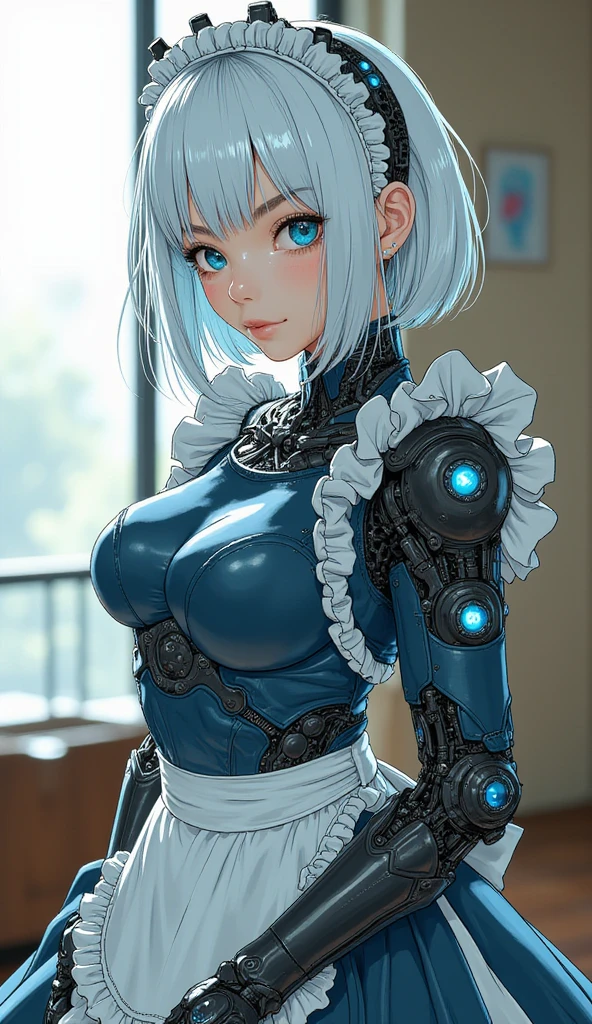 (8k, Realistic, RAW Photos, Highest quality: 1.3), (Fox Girl, Fox Ears, One Girl, Alone on the screen, dark skin, High definition, (boyish, Silver color very short hair), (Silver and blue odd eyes):1.4), とてもbeautiful, (Realistic Face), (maid apron, Clothes that are mainly black with red accents, Long skirt, Clothes with an open chest, (machinery suit, mecha musume):1.5), (Body measurements: 88-55-77!, Height is 145 cm, Nice body, Big Breasts, skirt hold, slender, Accentuate the cleavage:1.6), A brilliance that captivates the viewer, beautiful expression, beautiful breasts, (Realistic Skin), beautiful...