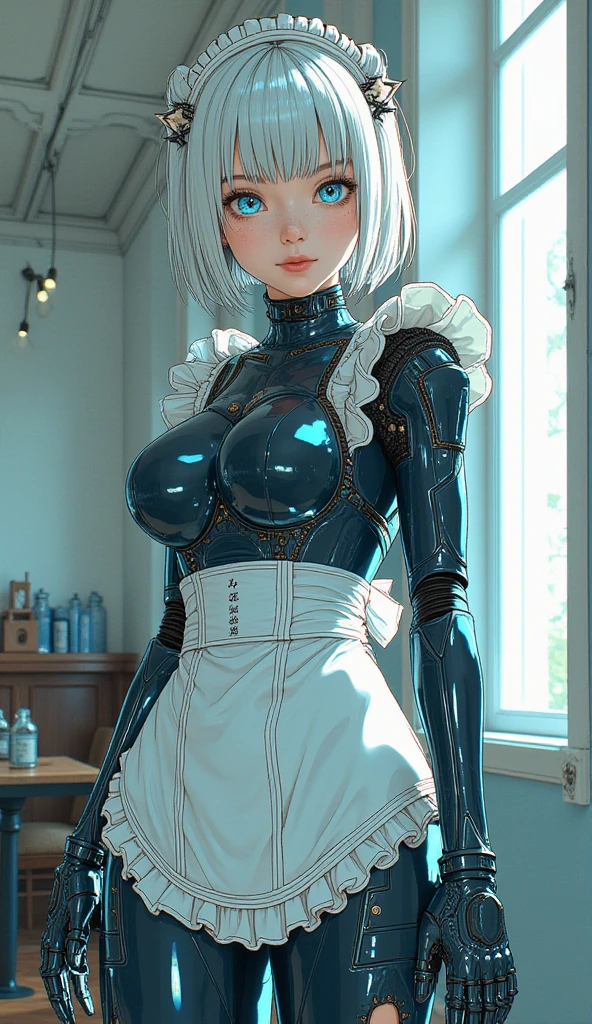 (8k, Realistic, RAW Photos, Highest quality: 1.3), (Fox Girl, Fox Ears, One Girl, Alone on the screen, dark skin, High definition, (boyish, Silver color very short hair), (Silver and blue odd eyes):1.4), とてもbeautiful, (Realistic Face), (maid apron, Clothes that are mainly black with red accents, skirt, Clothes with an open chest, (Mechanical leg suit):1.5), (Body measurements: 88-55-77!, Nice body, Big Breasts, skirt hold, slender, Accentuate the cleavage:1.6), A brilliance that captivates the viewer, beautiful expression, beautiful breasts, (Realistic Skin), beautiful...