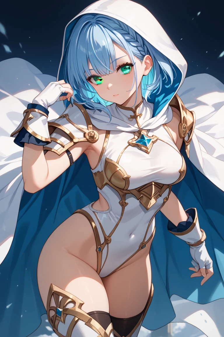 Absurdres, masterpiece, highest quality, very detailed features and textures, alone solo character, anime style, fantasy genre
{{(14 years old blue haired elf girl:(pale skin, short pointy ears, sapphire-blue very short messy hair, heterochromatic eyes, very thin lips, nice teenage body, breasts, big butt, beautiful arms, beautiful legs, serious face, closed mouth),(white bodysuit, white sleeves, white gloves, white boots, red cloak with eared hood, (silver heavy cuirass, silver shoulder plates, silver elbow plates)),(standing prepared to go, standing firmly),(danish castle training grounds, sunny morning, danish houses around)}}