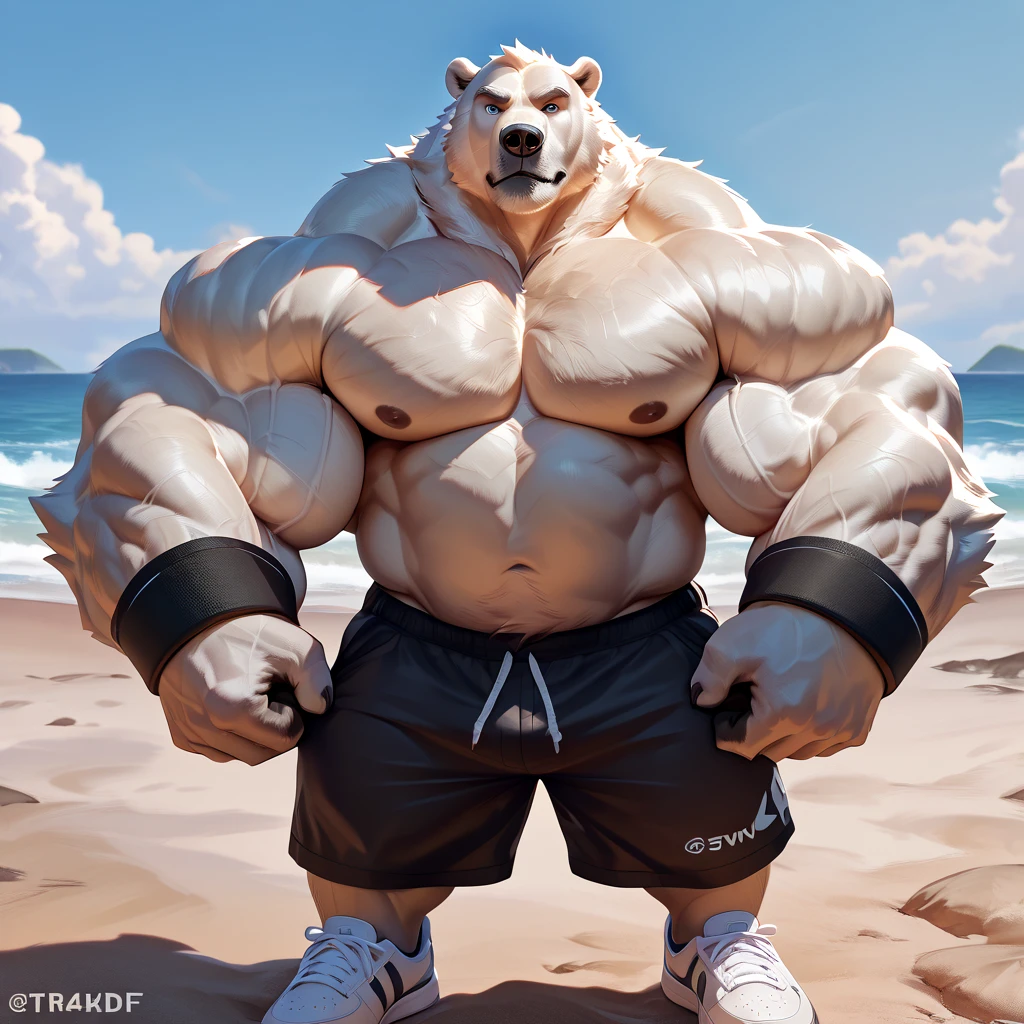  One tall Polar Bear with big muscular body shirtless and topless with light blue shorts and a dog tag on his neck, veiny, flexing