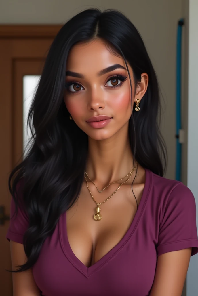 Create an image of a 20-year-old Indian female AI influencer with long, black hair. She should be portrayed as confident and stylish, embodying a blend of elegance and modern trends. Her appearance should reflect both beauty and sophistication, capturing a sense of charisma and appeal."