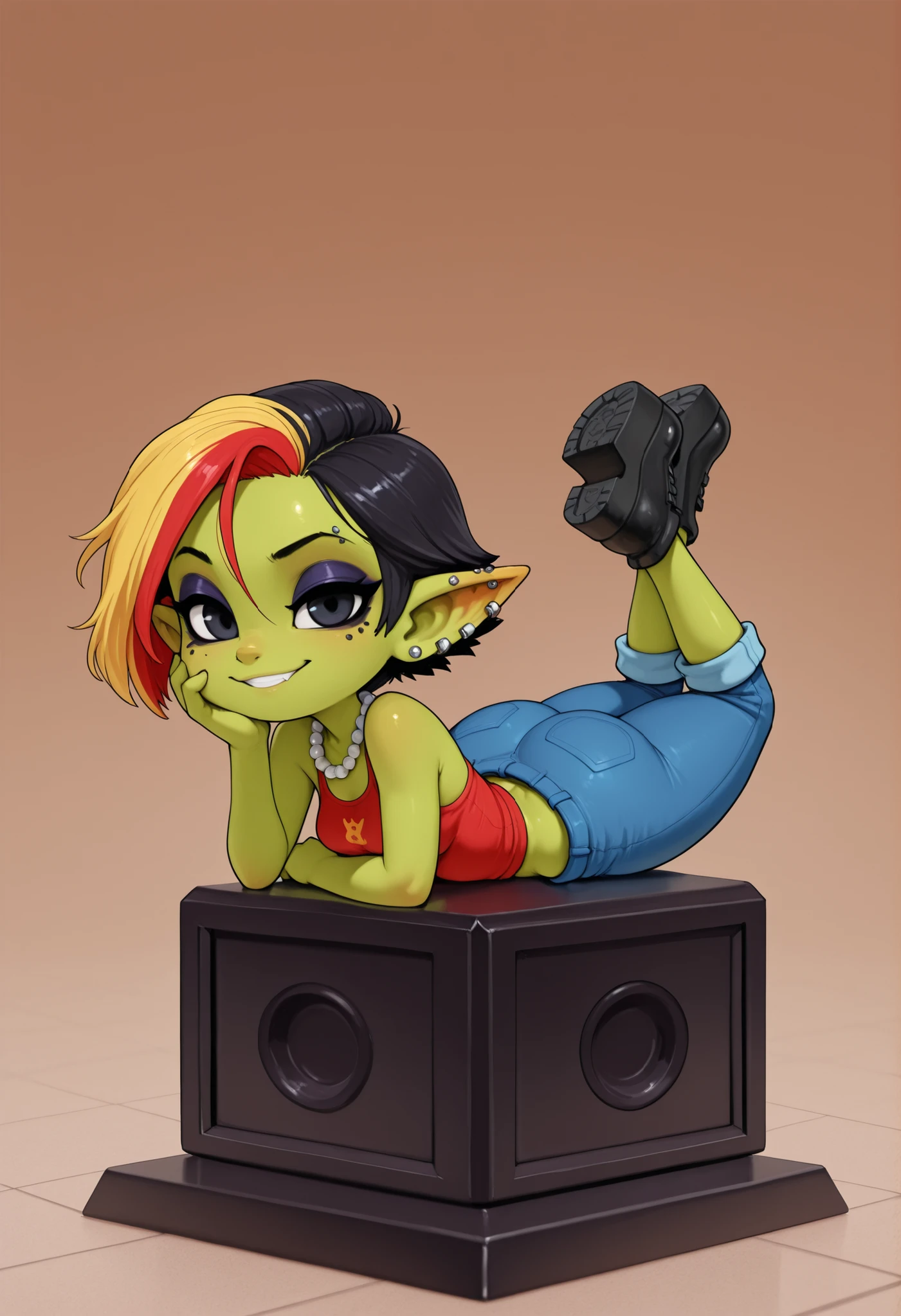 QueenBarb, mohawk,pointy ears,red eyes, black eyeshadow, chibi,
big smile,
QBRoc, spiked bracelets, fishnet pantyhose, shorts ,piercing ,barefoot, torn muscle shirt, white shirt, belt,
flames, speakers, (insanely detailed, beautiful detailed face, masterpiece, best quality) <lora:Queenbarb-10:0.7>