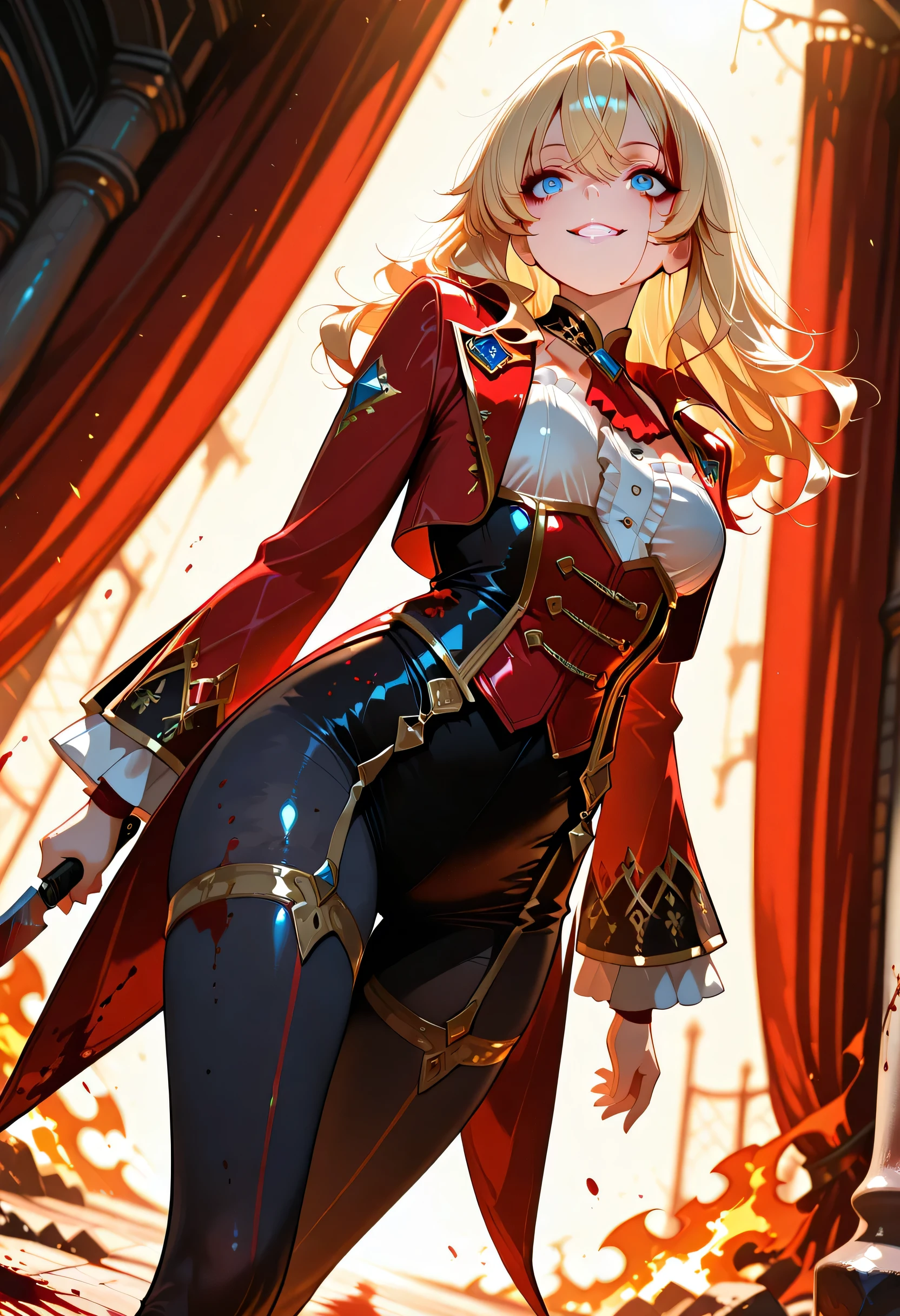 masterpiece, best quality, very aesthetic, absurdres, stylized, newest, depth of field, HDR, high contrast, sharp focus, 8k resolution, cinematic lighting,(lighting:0.2), 1girl, solo, perspective is slightly angled creating a sense of depth, dynamic angle, porcelain skin, Caucasian, waist-length untied wavy blonde hair with glitters, crimson lipstick, manic_grin, wide blue eyes, wide eyes, (smudged makeup:1.0) dilated pupil, bloodstained hair, bloodstained face, bloodied red ringmaster costume, disheveled red clothings, bloodied red tailcoat with golden accent, corseted bodice, ripped black tights, dynamic angle, burn marks, blood, knife, (medium shot:1.0) (bloodstain on clothes :1.8) {circus, outdoor circus, circus background, spotlight, fire, flame, festive background, burning curtains, dark, obscure}
