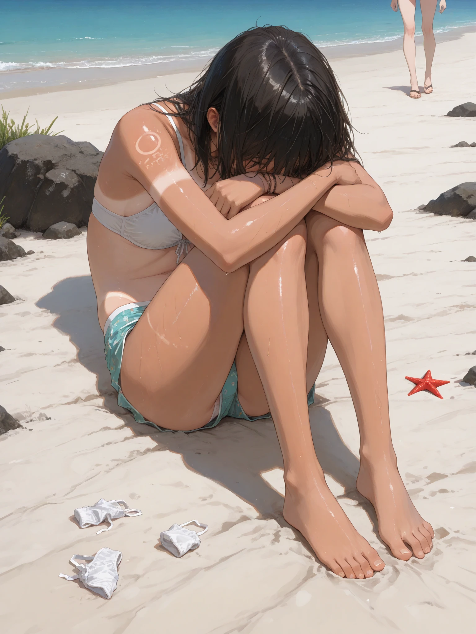 masterpiece, best quality, 2girls, (closeup), 18yo teen, slim, small breast, naked breast, nipple, wasteland, grey, desolate, watercolor, ((topless:1.4)), ebony, ((small breasts:1.4)), ((flat cheast:1.4))