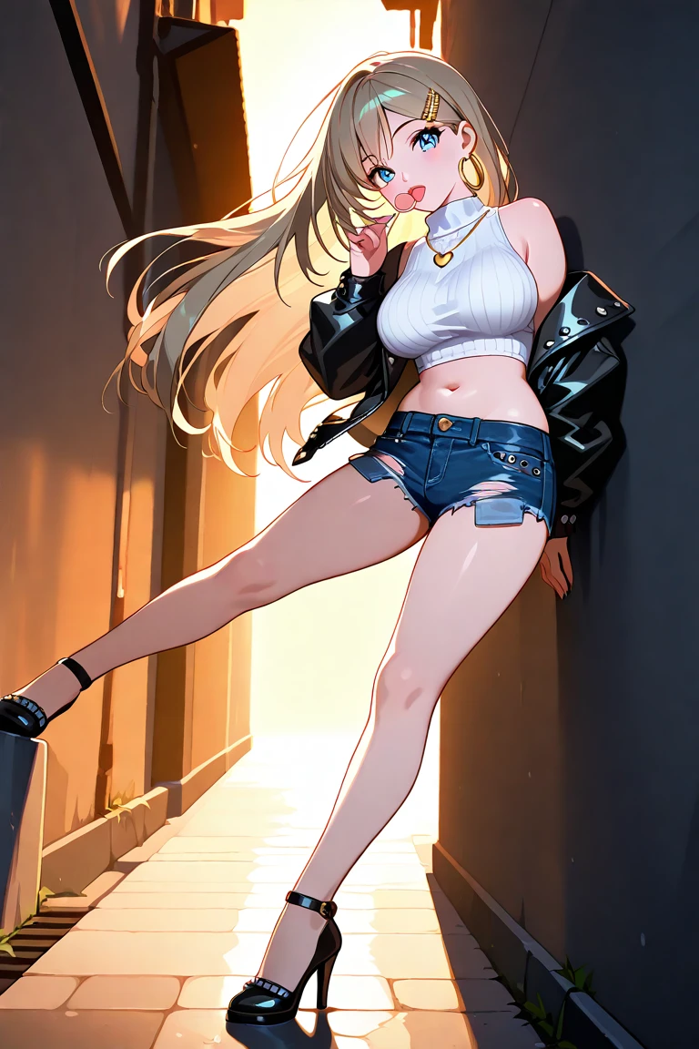 A very high-detailed illustration of a beautiful anime girl, blonde one side ponytail, freckles, beautiful red eyes, freckles, choker, lustful expression, cocky expression , collarbone, large breasts, small waist, wide hips, juicy thighs, solo, wearing a shirt , strapless ,white shirt, no sleeves, cleavage, naked waist, no sleeves, wearing shorts sexy shorts, black shorts, very revealing shorts, black denim shorts, wearing high heel boots, black boots, high heel boots, boots up to her knee, in the hall of a high class hotel, facing the camera, posing standing, sexy posing, 8k, best quality, highres, masterpiece, full body picture, high detailed, high resolution
