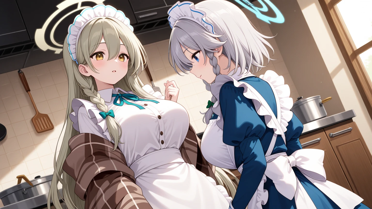highest quality、masterpiece、((2 women))、((smile:1.3))、(blush:1.3)、Black Shirt、blouse、((fun!!))、(Small breasts)、()、Blonde、(Long sleeve)、((White apron:1.5))、((Maid))、((hair ornaments)),、Kamimei、look at me、 ((in house:1.5))、 Taking a break from watching the audience、Cowboy Shot、(Skirt lift:1.3),(Highly detailed white panties:1.3)、(Highly detailed panties:1.3)、、(スカート that rolls up:1.3)、(Panties fully exposed:1.5)、Light blue eyes、long hair、Glowing Eyes