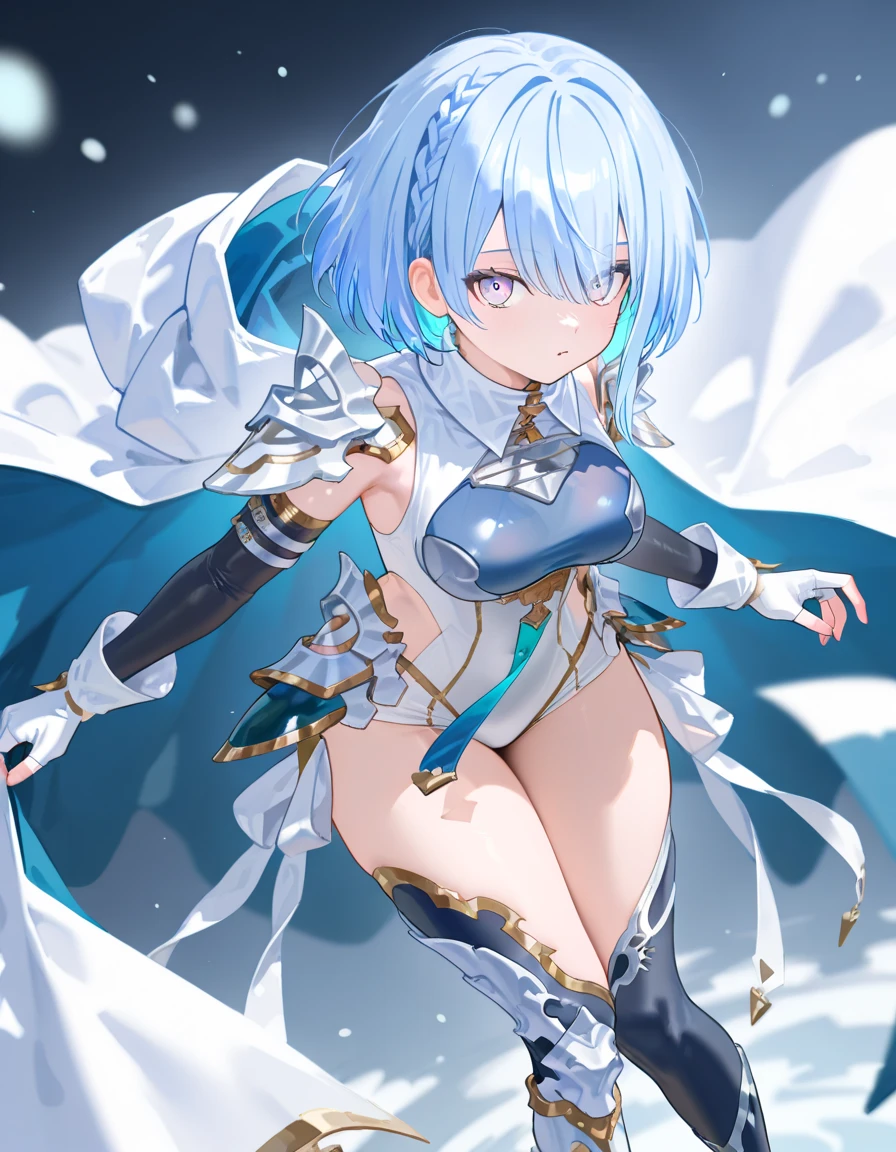 ((ganyudef)):1.5,((masterpiece,highest quality,Highly detailed images,Beautiful images))1.4(Image of ganyu with arms outstretched、Snowy mountains in winter、Ruins buried in snow、Snowstorm、Overall dim lighting、Backlight、A fantastic atmosphere、Dust flutters)1.3,(Close-up image of ganyu)1.1、(Emphasize the chest、Cleavage covered by tights、Exposed lateral breasts):1.2