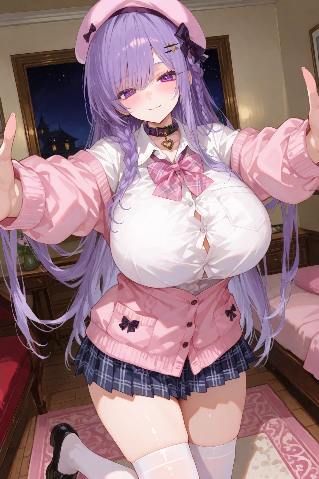(masterpiece), (highest quality), ((Super detailed))、(super delicate)、Cute naughty Artificer mother、Pastel colors hair、(overwhelmingly huge breasts:1.2, Thighs:1.2, thick legs:1.2, curvy:1.2, towering stature:1.6, massive fat thick unnatural belly, Plump)、Gorgeous、purple eyes, (hair over one eyes:1.3, ahoge, messy hair:1.2, tired hair:1.2, flipped hair, very long hair, bags under eyes:1.3), black hair, (purple hair:1.1), (blush:1.2, emberrased:1.2, quiet personality:1.2, scared:1.2, looking away, wavy mouth), naked, hand over face