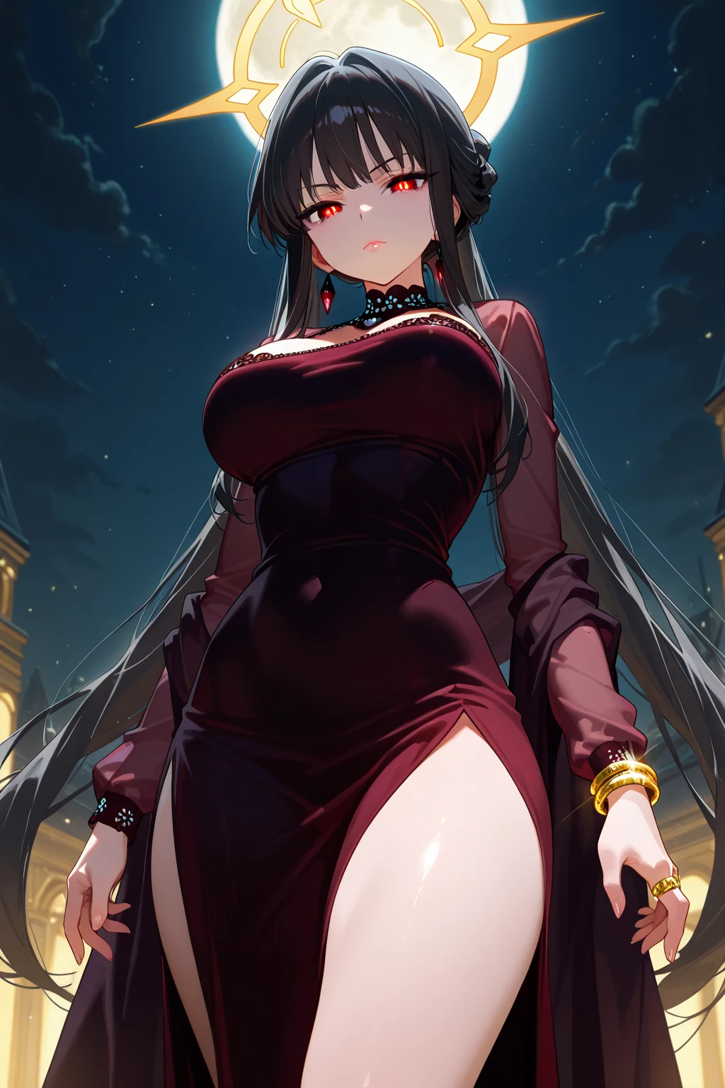 ((Best Quality)), ((masutepiece)), (Detailed), Perfect face　a beauty girl　cleavage of the breast　red eyes　long, thick black hair　 Blunt bangs　Gorgeous long dress worn by aristocrats