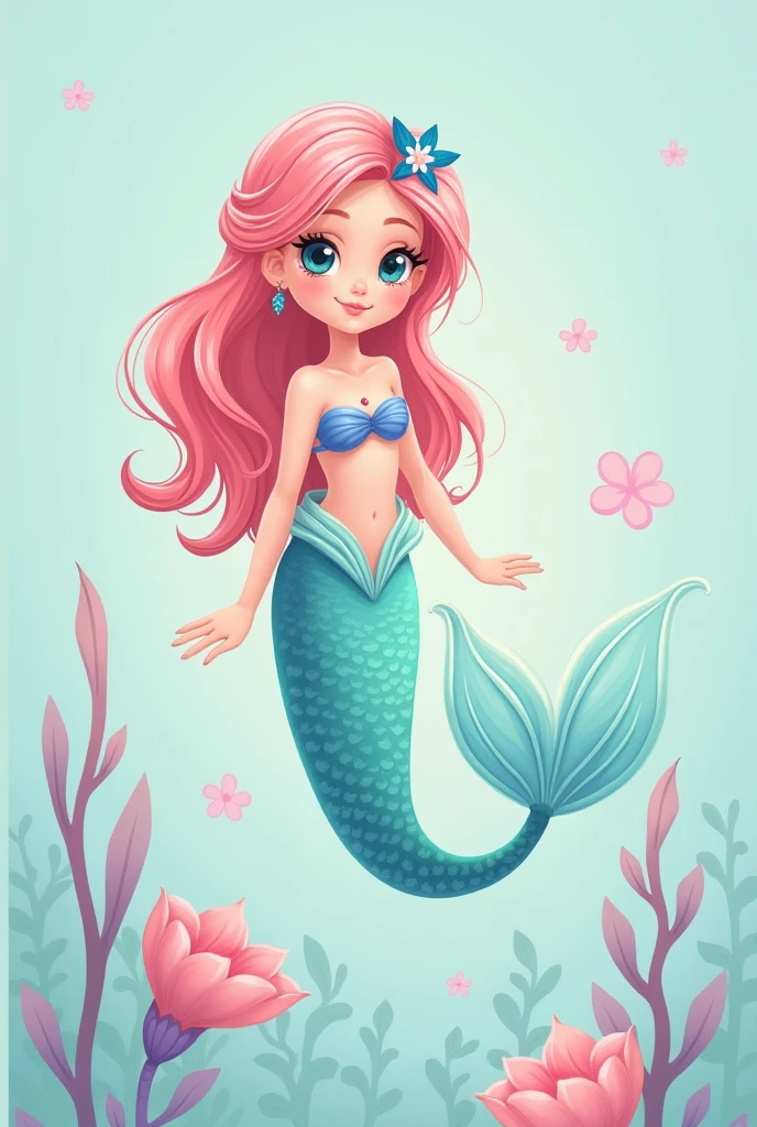 cute mermaid chibi, para capa livro infantil, fundo branco, poucos detalhes, Desenho simples, poucos outros elementos, Adesivo 2D, Corpo inteiro, desenho aquarela