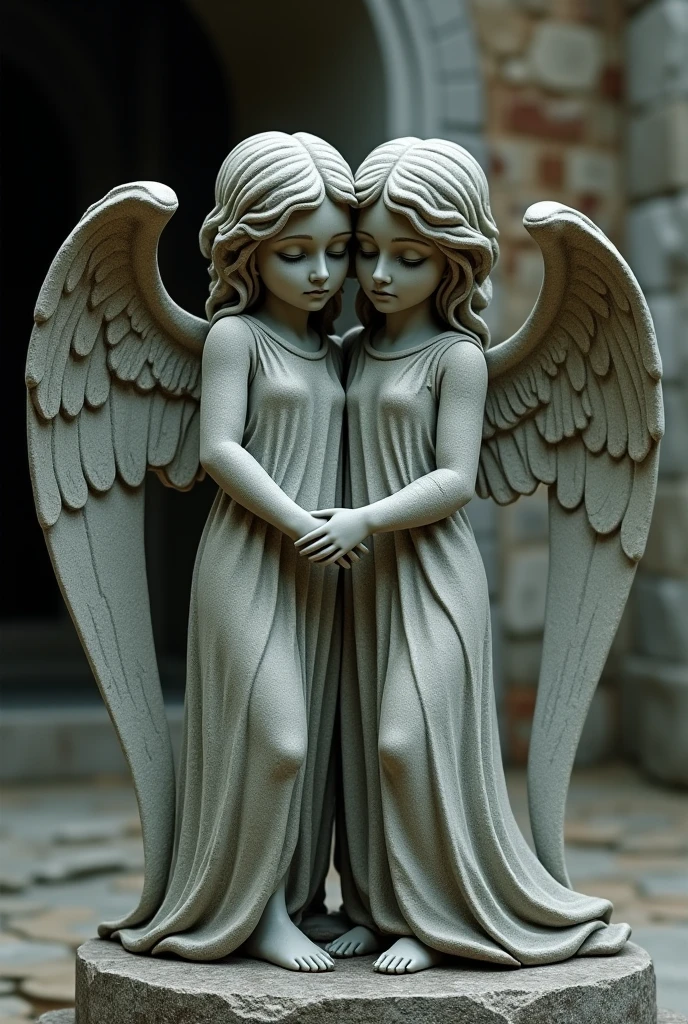 image for tattoo, two angels children brothers one and one , gray and shaded style Greek sculptures 