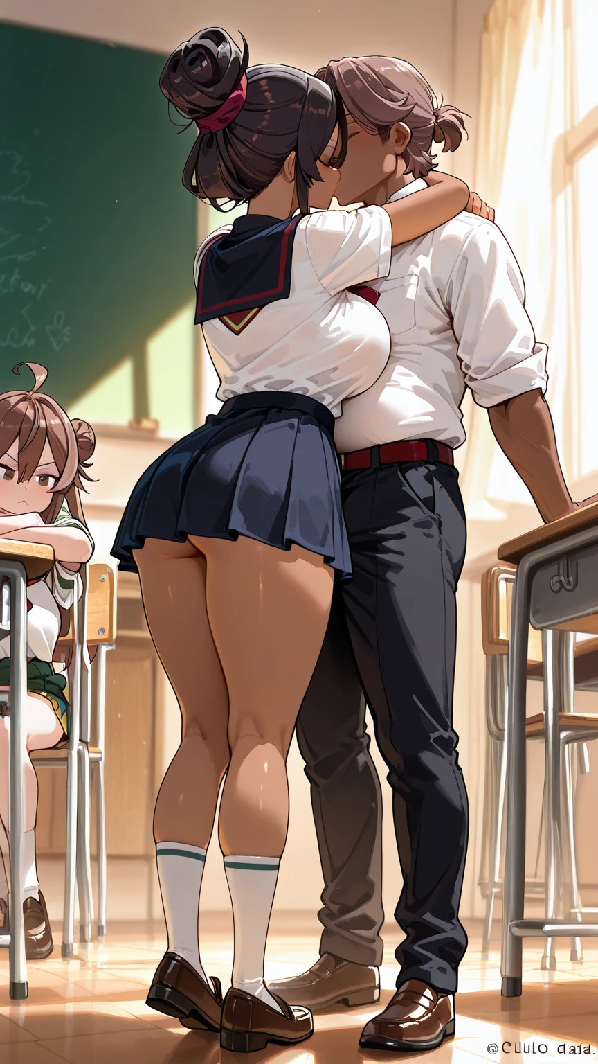 crowded train, girl, ((fat man hugs her from behind))、please speak in my ear、lift her up, black sexy lingerie,, I can see pubic hair, 40k, photograph, table top, highest quality, dark gray background, (with one girl's immediately open legully open legs with big breasts, lean on her from behind、Old man in various poses. , blush, troubled eyebrows, heavy breathing, grit your teeth, burning face, student of the heart, full of sweat, Full body soaked, long hair, bend your knees, not intentional, 涙eye, big, soaking wet, small, thin, white shirt, tie, Pants visible from short pleated skirt, leaning forward, put your hands on your hips, close ~ eye, not intentional, open shirt, pick one up'feet、platinum blonde hair、black skin、gal、Blonde medium hair、side ponytail、wavy hair、dull bangs、golden eye、earrings、((brown skin))、((tanned skin))、devilish laugh、very big breasts、((white shirt))、cleavage、((Removed buttons))、black cloth on chest、((Black mini pleated skirt))、(big ass)、thighs、cowboy shot、Behind the classroom、feetを開いて机に座っている、loose socks、naughty lingerie、I can see your pants、Muchimuchi、cowboy shot