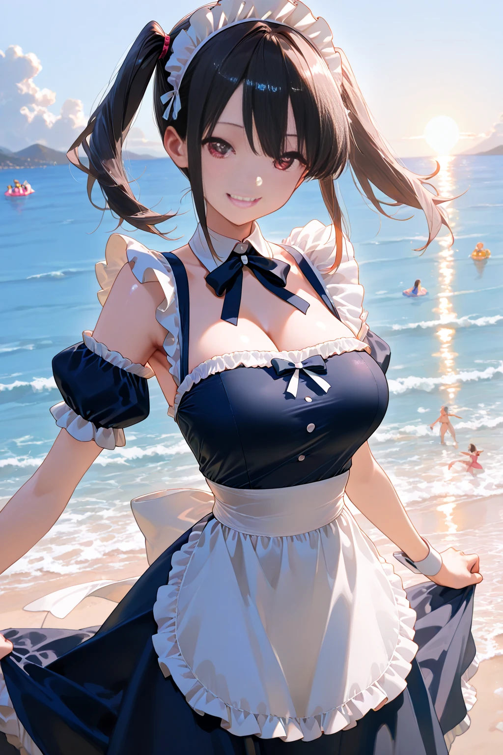 high quality,Accurate, attractive,youthful women, Blue eyes Green eyes Odd eye, rose color cheek, thin lips, black curly hair Beret, face forward, cute Mini dress that shows cleavage, beautiful, Thigh-high Socks loafers, Dangling earrings,Choker necklace, evening beach, sunlight,Angle of View
