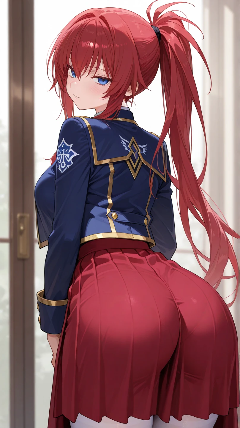 <lora:YuuMikiharaV2:1>, yuumikihara, (best quality, high quality:1.2), cinematic lighting, extremely detailed, vivid colors,
1girl, solo,  red hair,  long hair, large breasts, green eyes,  smile, 
 standing, leaning forward, bent over, rooftop, from below, from behind, looking back,
(school uniform:1.2), pleated skirt, black thighhighs, (white panties:1.1),
outdoors, sky,
