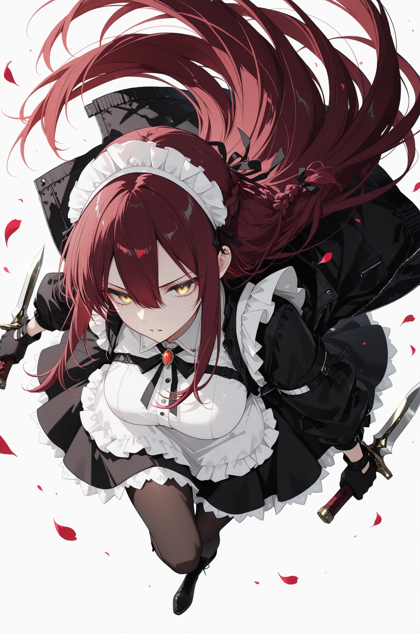 Masterpiece, very detailed, ultra detailed, one, (1 woman), Photo of a woman in a maid costume with detailed killing knives in her hands, beautiful vampire queen, beautiful vampire female queen, with charming eyes, blood red eyes, long straight hair and straight bangs, around her magic of darkness, cover of light novel, vampire, beautiful charming anime woman, ((beautiful fantasy empress)), beautiful female vampire, cover of an epic light novel, with hunted eyes and dark hair