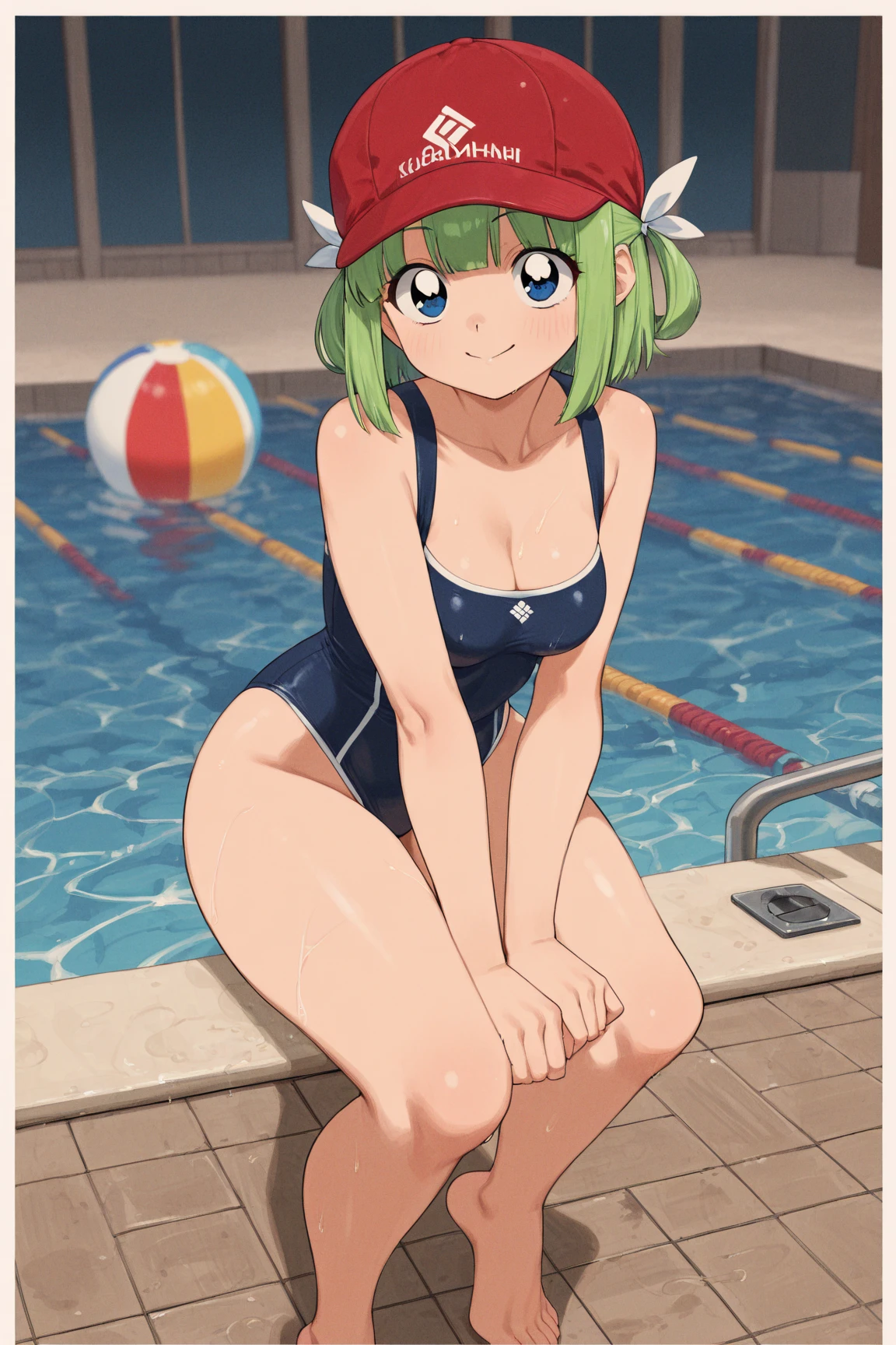 A tall girl, short green hair, yellow eyes, green swimsuit, pool, Pokerface