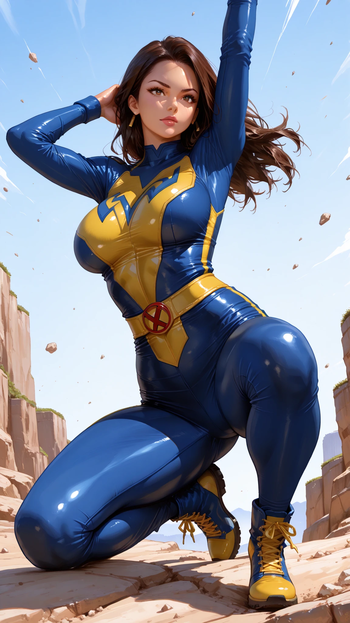 (best quality,8k,ultra-detalhado),(illustration,comic), WOLVERINE black woman SHOWING her claws in a tiny X-MAN UNIFORM with very small breasts and a mischievous smile,corpo molhado,cabelo longo, fantasia sombria,cores vibrantes,3D rendering,pintura