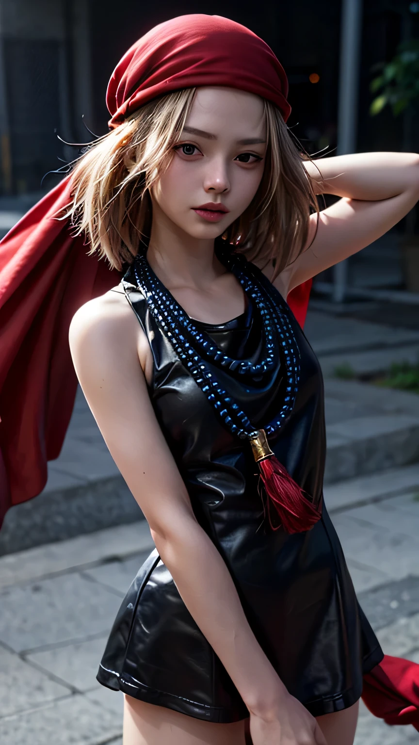 (masterpiece, highest quality), One girl, Beautiful Face,  anna kyouyama, Blonde, short hair, (Brown eyes:1.5), Red Bandana, beads, black dress, dress, prayer beads,red bandana，黒いdress，Black dress Photorealistic full body shot of a young girl with light , shoulder-length hair and bangs. She has large, golden-brown eyes and a serious, confident expression. She is wearing a simple black sleeveless dress. Around her neck, she wears a long, multi-strand necklace made of dark blue beads with a red tassel. She has a vibrant red scarf or cloak draped over her shoulders, flowing behind her, with some strands coming forward. She is also wearing red sandals. In her right hand, she is holding a strand of large, luminous white pearls, extending across the frame. The lighting is soft and natural, emphasizing realistic skin texture and fabric details. Highly detailed, sharp focus, cinematic quality, natural pose, 8K masterpiece, best quality, highres, black dress, bead necklace, sleeveless, bracelet, red scarf, magic, command spell, --cinematic --photo realistic --sharp details --ultra realistic --high definition