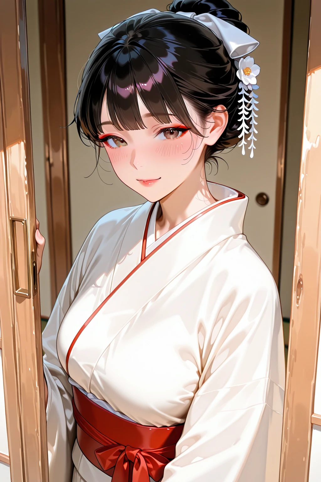 best quality, highres,Slender、brown eyes、tall、black hair、(wet hair:1.3)、(No bangs:1.3)、(semi-long:1.3),straight hair、luxury hotel、luxurious interior、(white bathrobe:1.4)