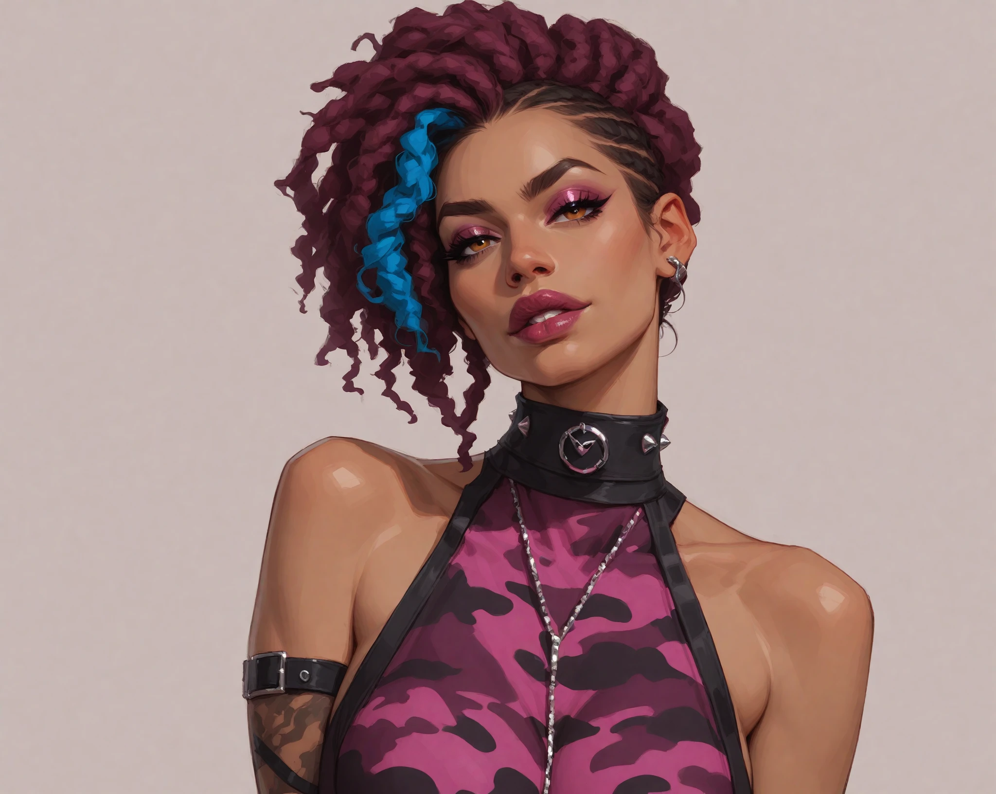 (masterpiece:1.2), (best quality), (ultra detailed), (8k, 4k, intricate),(full-body-shot:1), (highly detailed:1.2),(detailed face:1.2), (detailed background),there is a young woman with black and magenta dreadlocks and piercings posing for a picture, with curly magenta hair, big breasts, sexy black crop top and silver necklace with a diamond on it