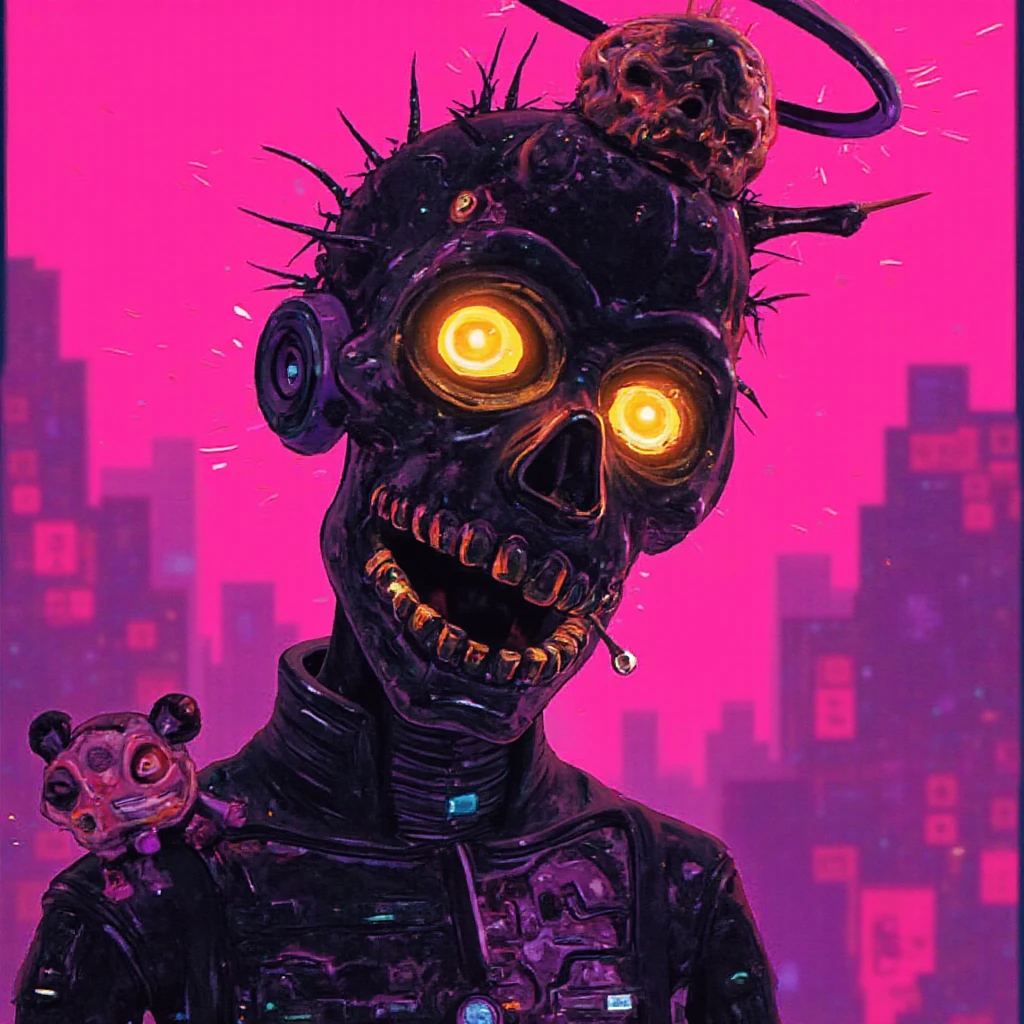 (masterpiece), best quality, expressive eyes, perfect face,(gritty:0.9),(80's aesthetic:1.1),(neon:0.8),(retro:0.9),(analog:1.1),(solo:0.8),(1 person:0.6),(skull:0.5),(sunglasses:0.7),(grim reaper:0.5),(purple and pink color scheme:0.9),(glitch:1.1),(noise:1.0),(black and white:0.6),(dripping letters:0.8),(vaporwave aesthetic:1.2),(digital distortion:0.9),(creepy smile:0.7),(blood splatters:0.8),(darkness:0.9),